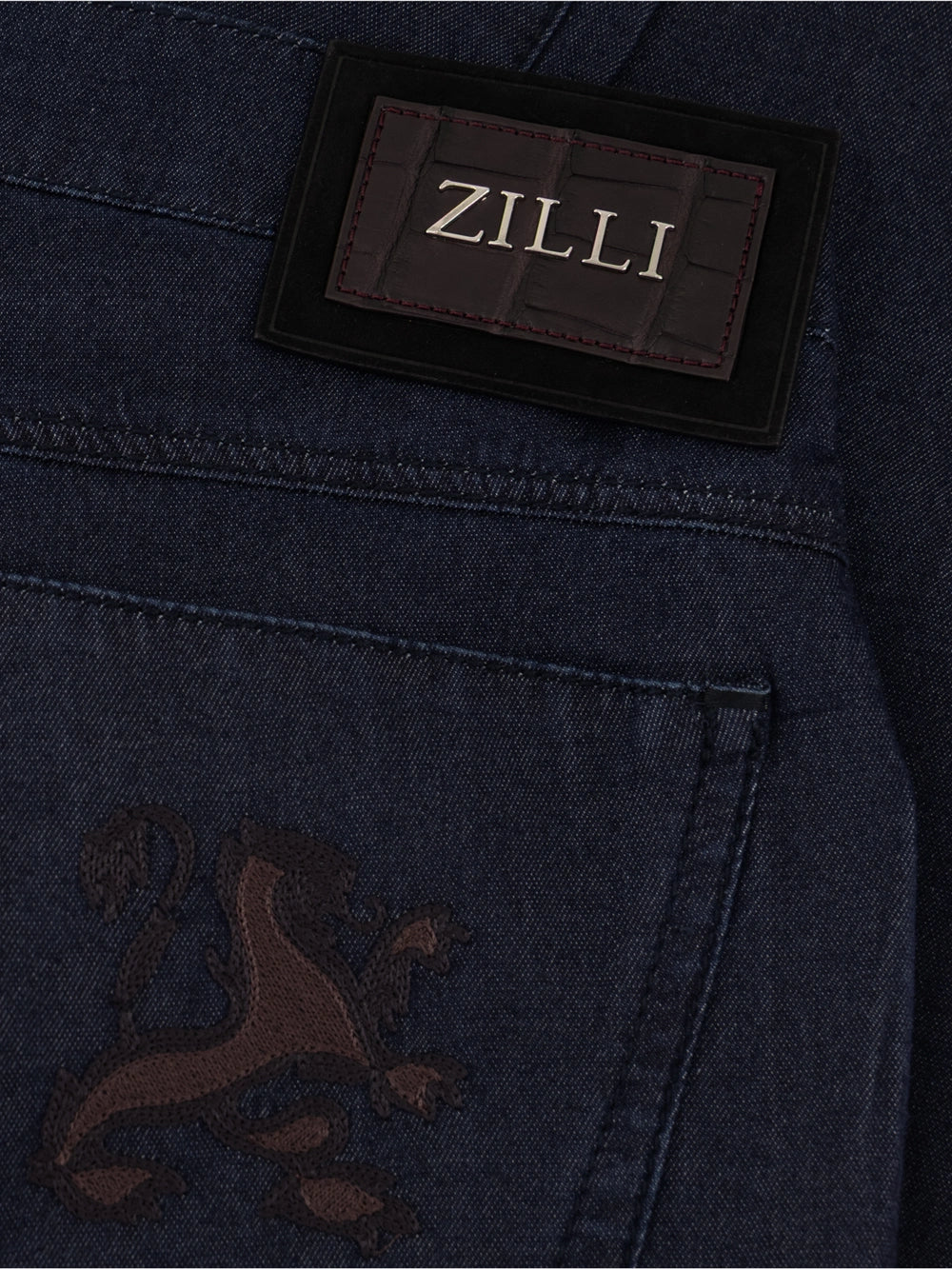 Slim Fit "Big Lion" Embroidery Denim Cotton Trousers - Blue Navy