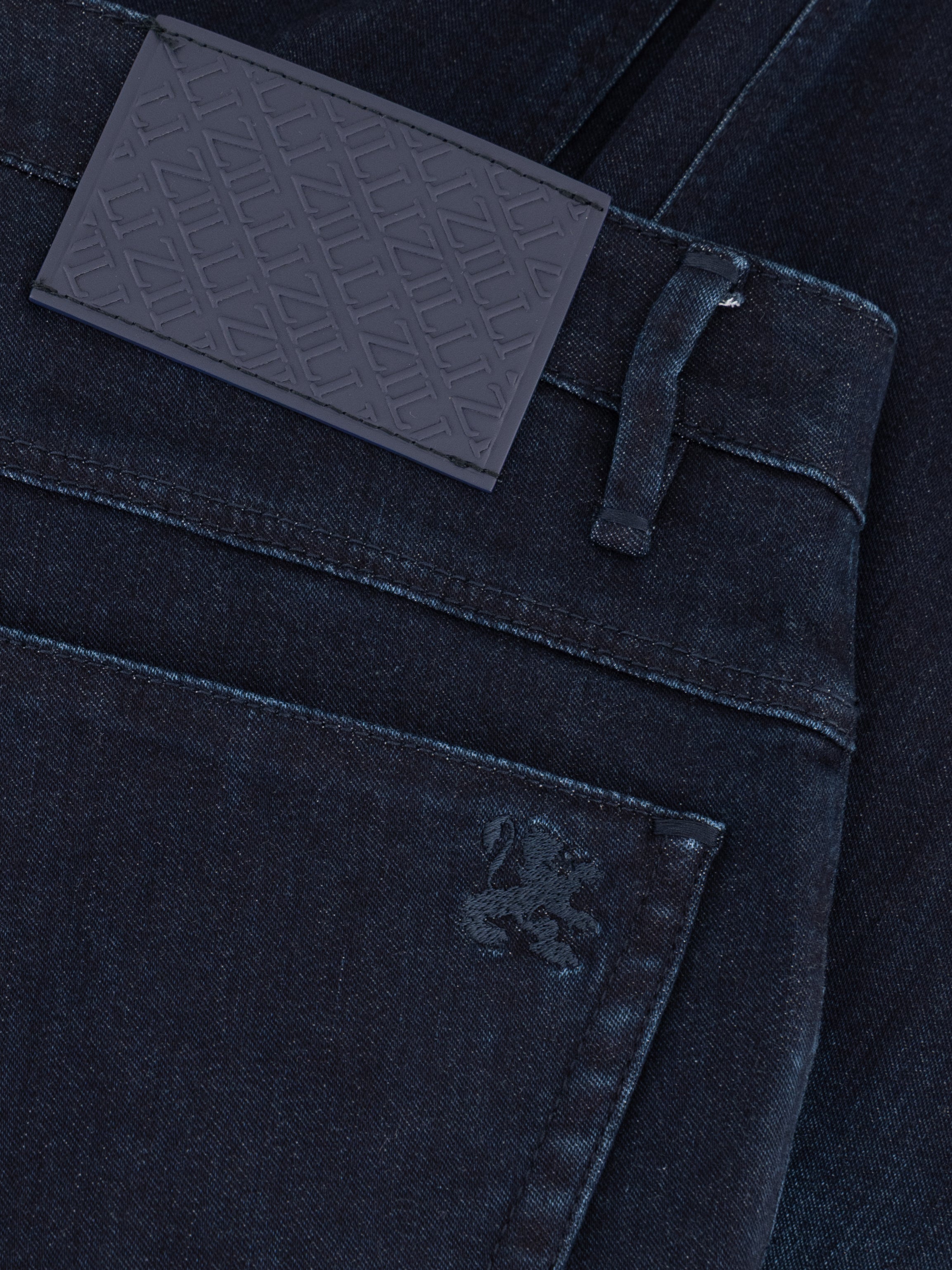 "Lion" Embroidery Denim Cotton Trousers - Blue Navy