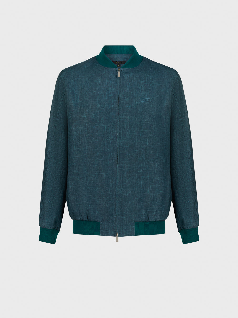 Ribbed Collar Linen Bomber Jacket - Deep Malachite