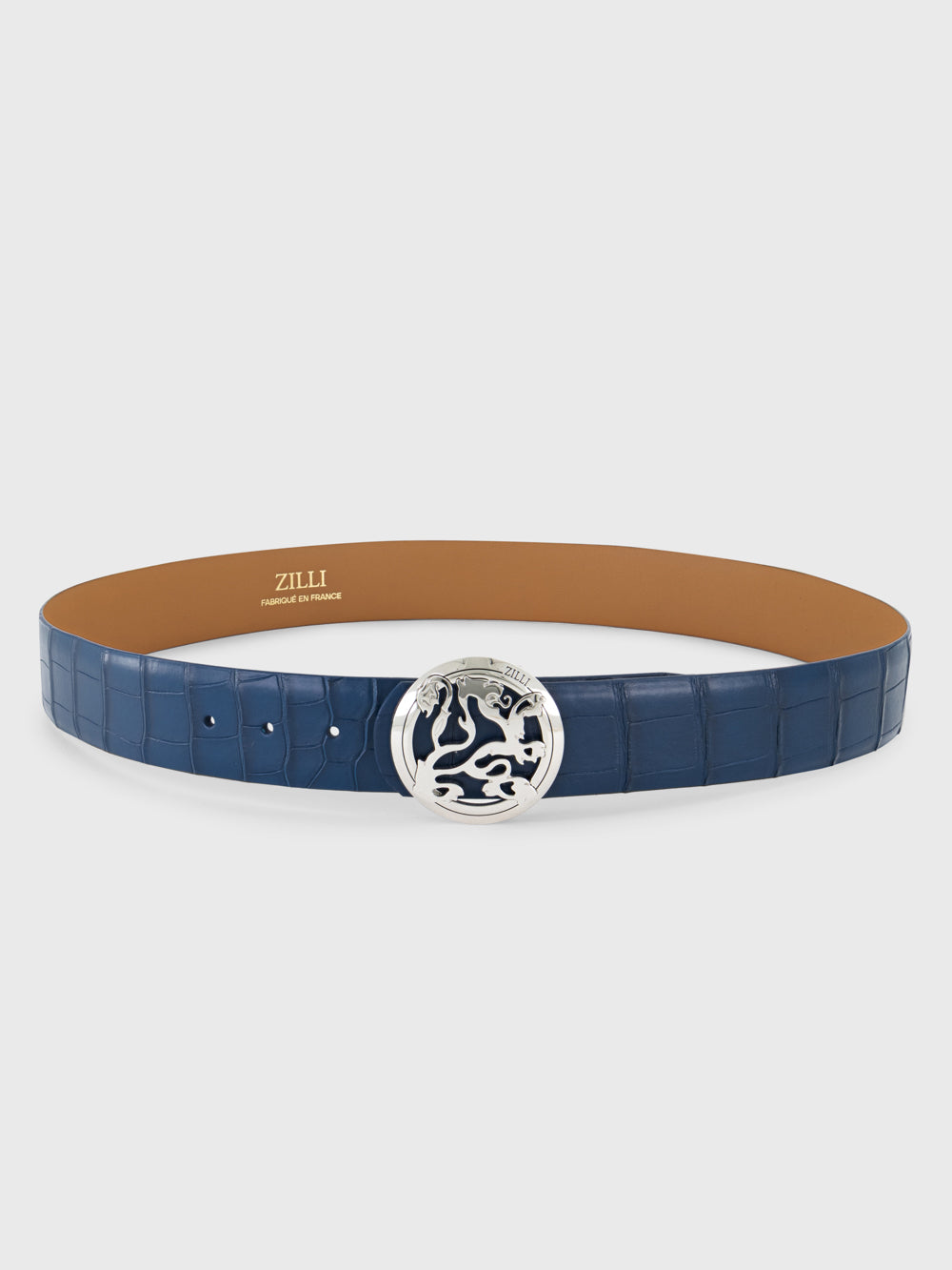 Palladium-Finish Lion Buckle Crocodile Belt - Blue Jeans