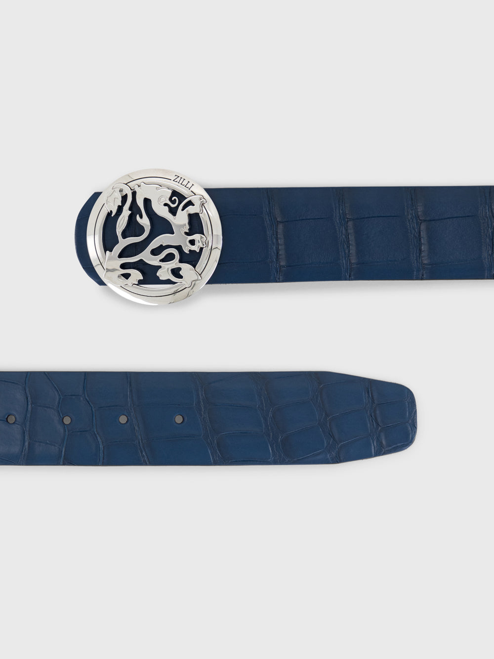 Palladium-Finish Lion Buckle Crocodile Belt - Blue Jeans