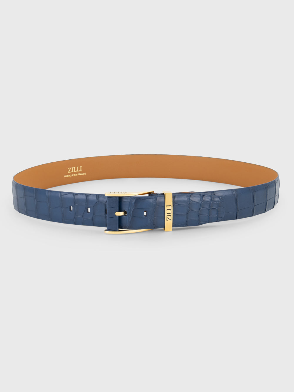 Gold-Finish 126 Buckle Crocodile Belt - Blue Jeans
