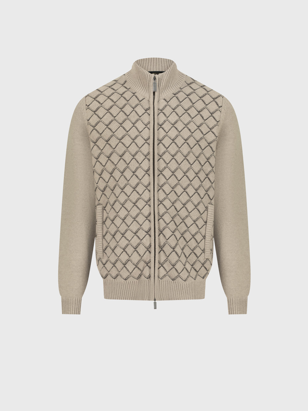 Zip-Up Sweater with Diamond Lattice Knit Pattern – Pale Fawn