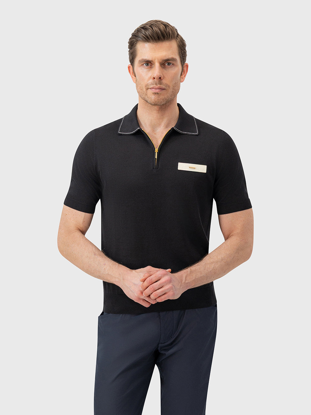 Cotton & Silk Polo with Crocodile Details