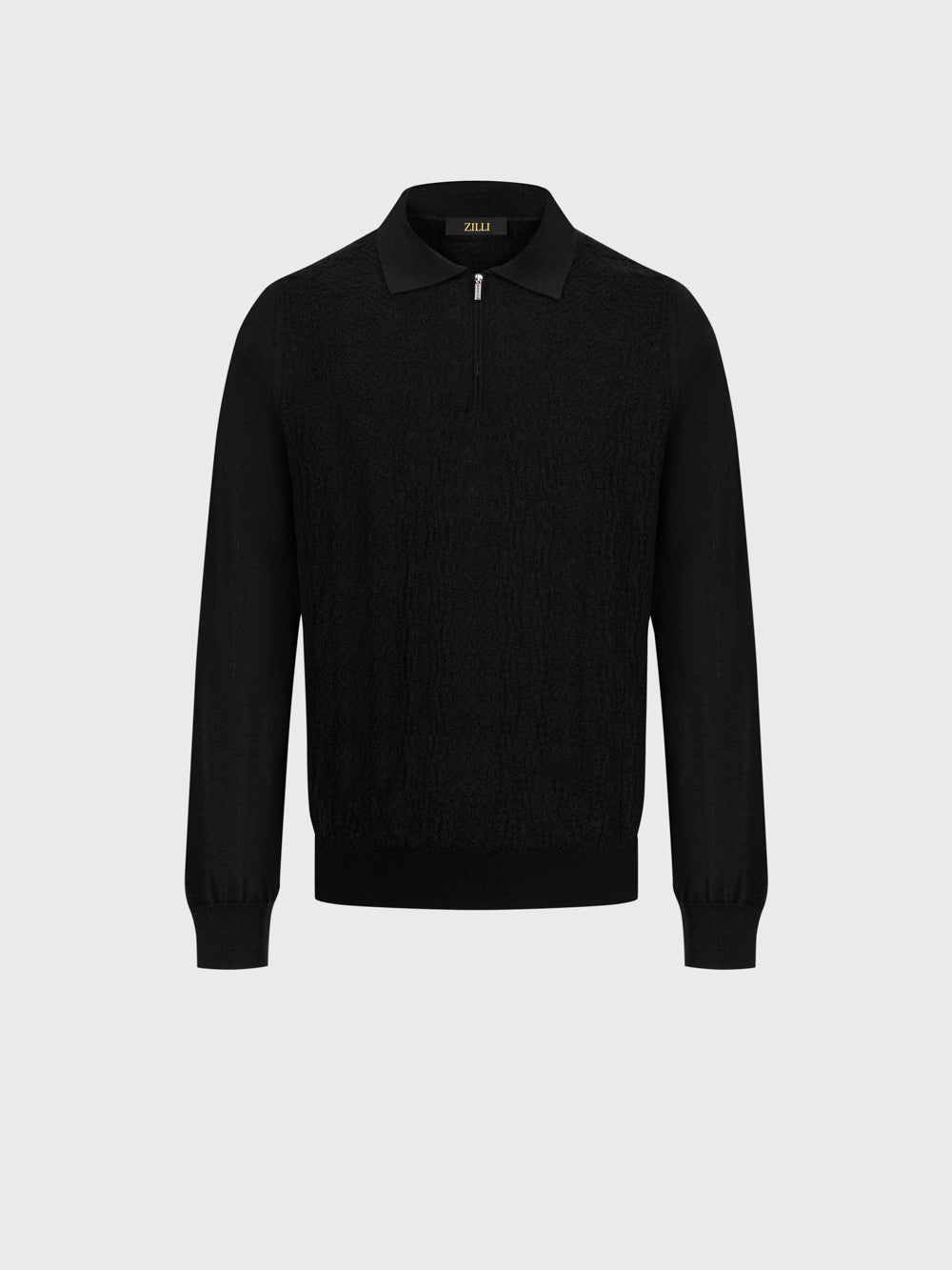 Wool-Silk Polo Half-Zip Pebbled Knit – Black