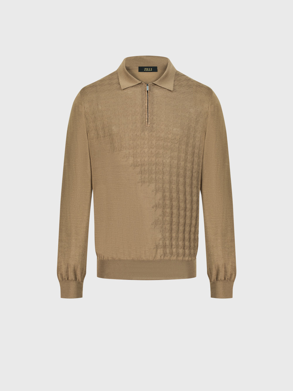 Angled Panel Polo Half-Zip Knit with Crocodile Leather Trim – Cappuccino