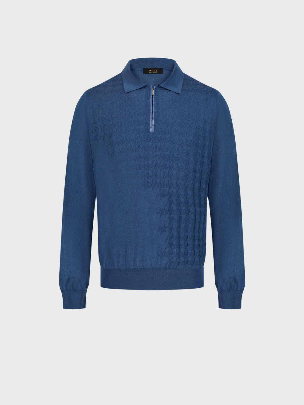 Angled Panel Polo Half-Zip Knit with Crocodile Leather Trim – Oxford Blue