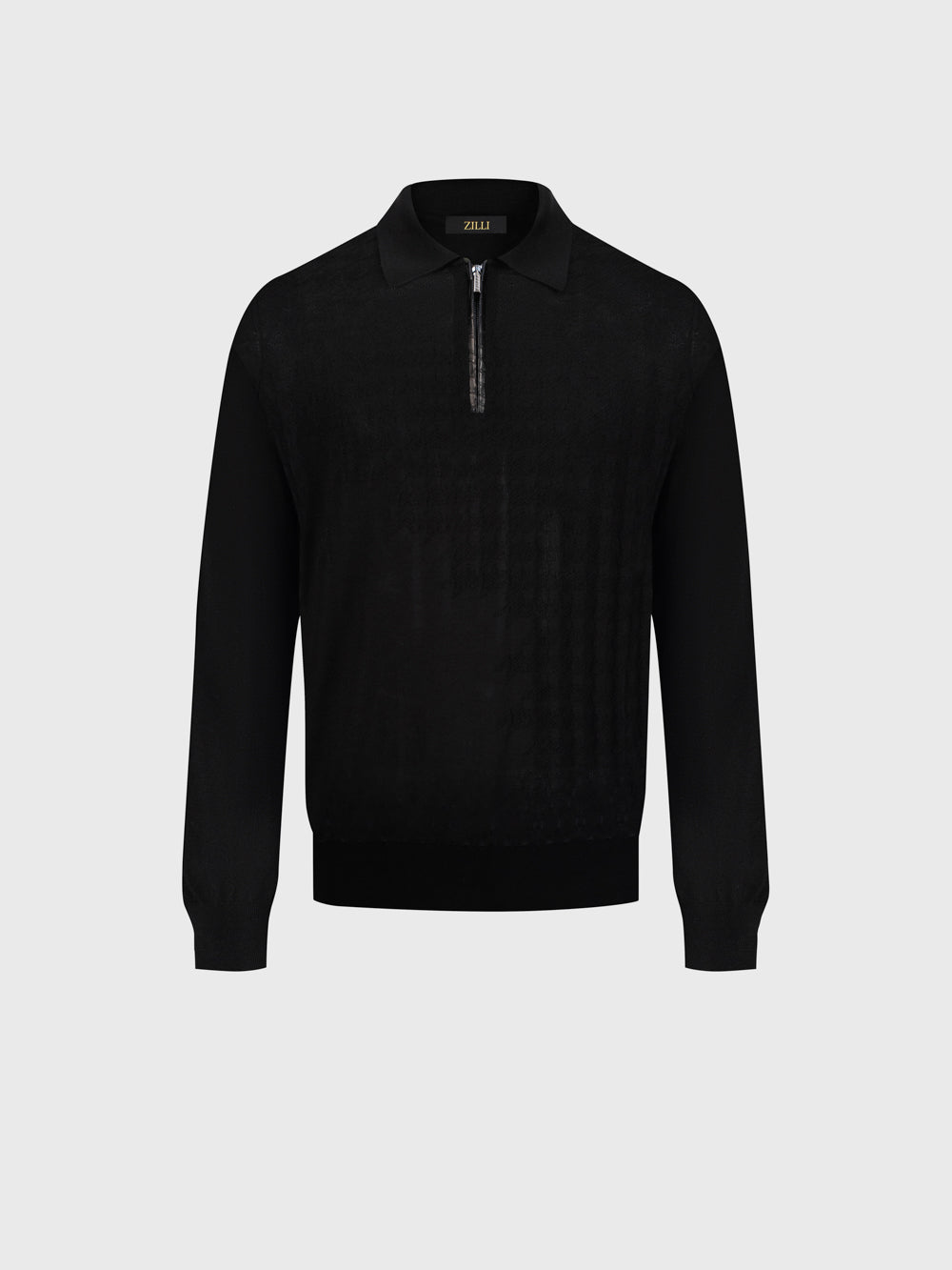 Angled Panel Polo Half-Zip Knit with Crocodile Leather Trim – Black