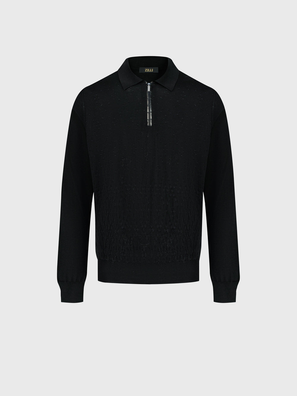 Speckled Half-Zip Knit with Crocodile Leather Trim – Black