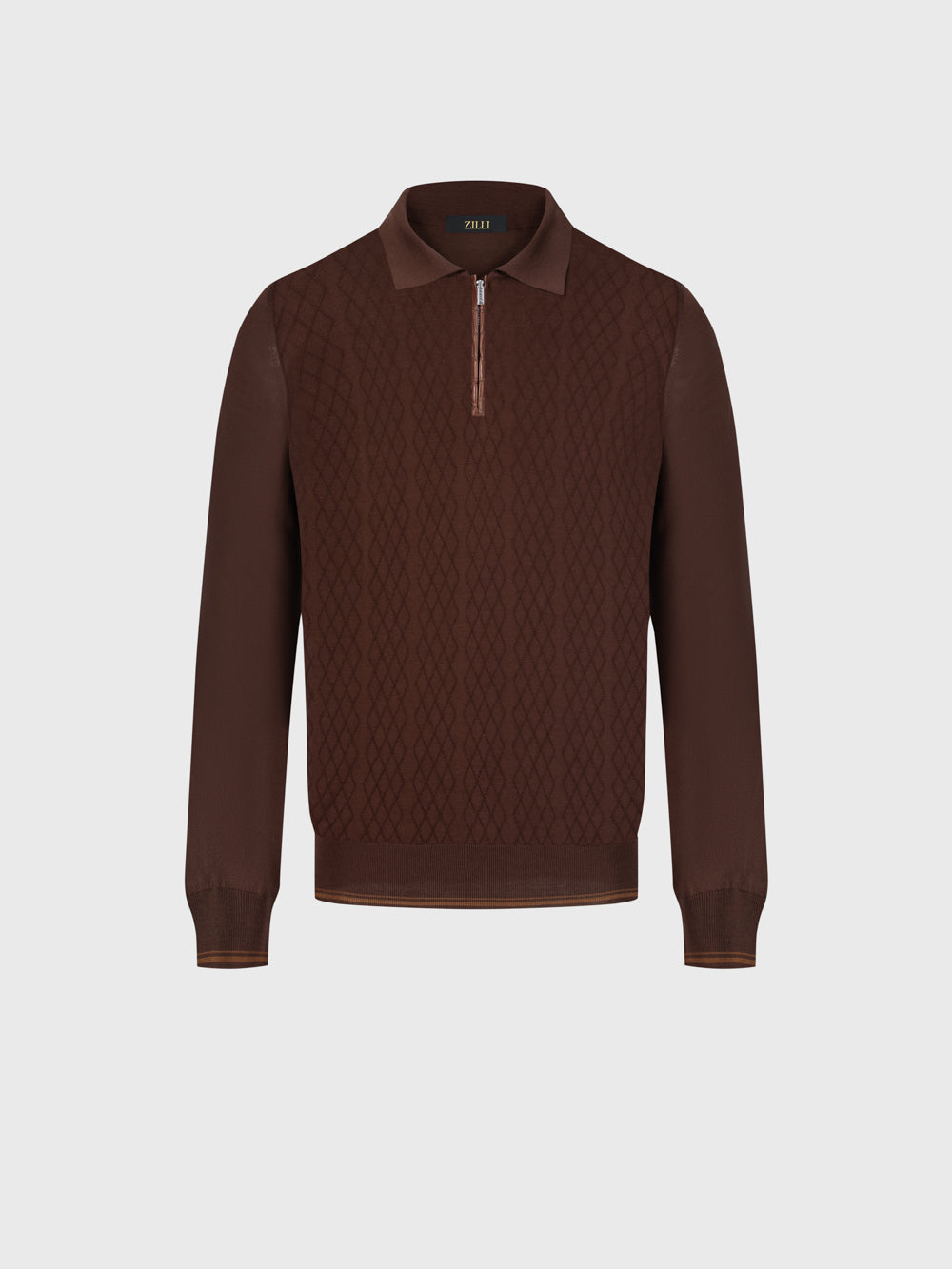 Silk Half-Zip Knit with Crocodile Leather Trim – Chocolate
