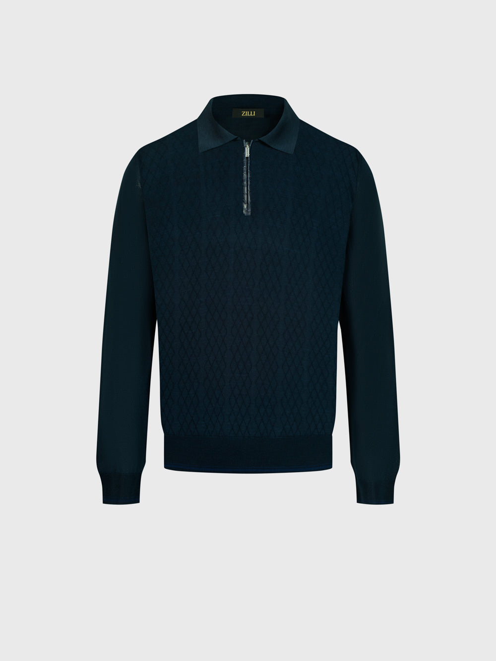 Silk Half-Zip Knit with Crocodile Leather Trim – Dark Navy