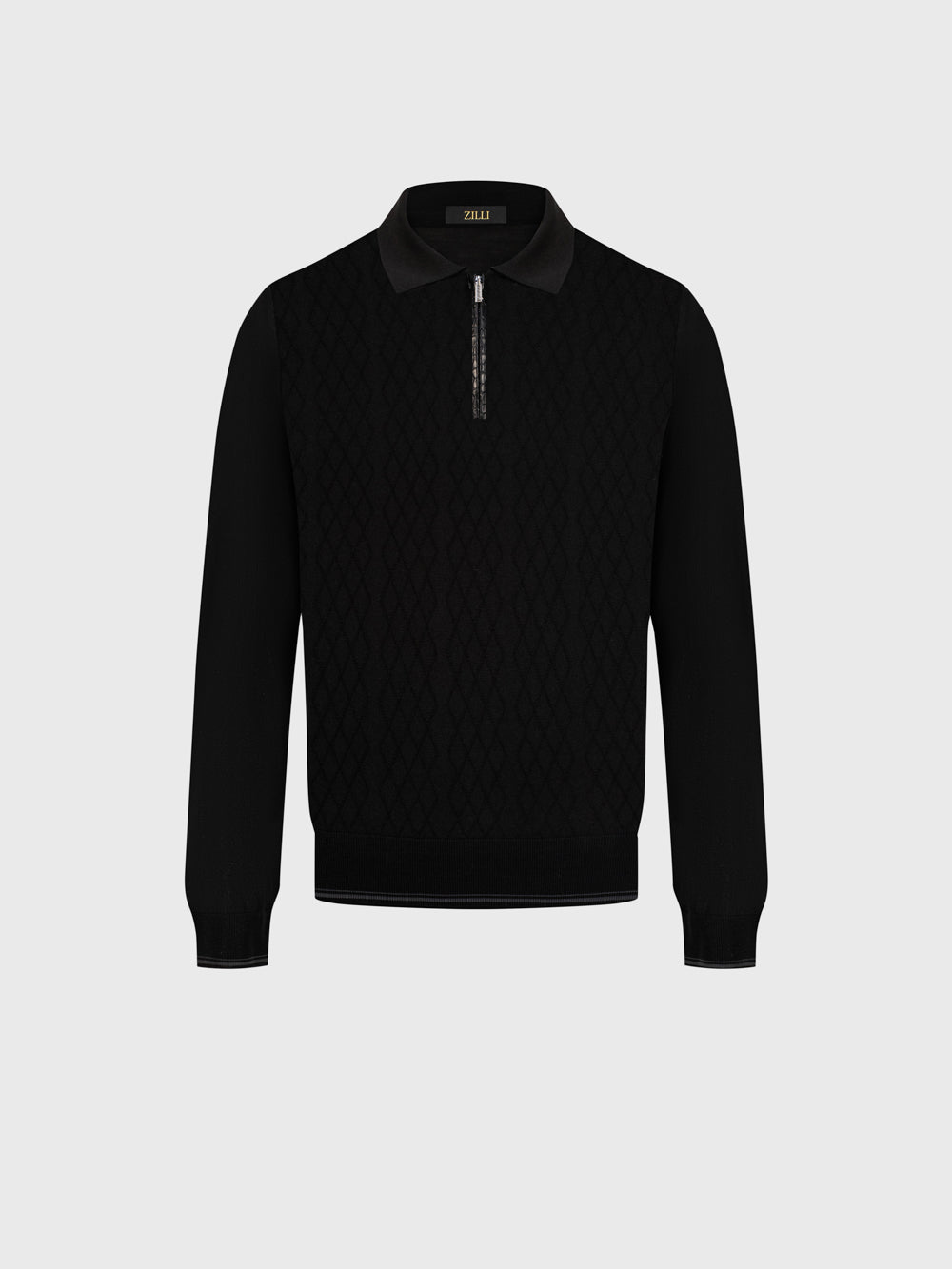 Silk Half-Zip Knit with Crocodile Leather Trim – Black