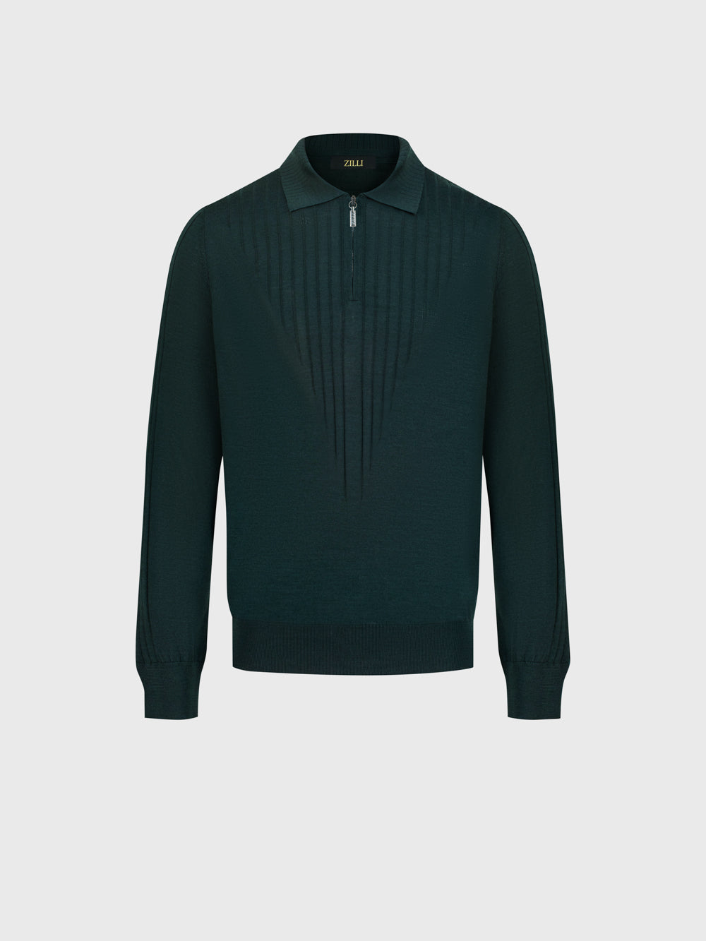 Wool-Silk Blend Half-Zip Knit with Inverted V Rib Panel – English Green