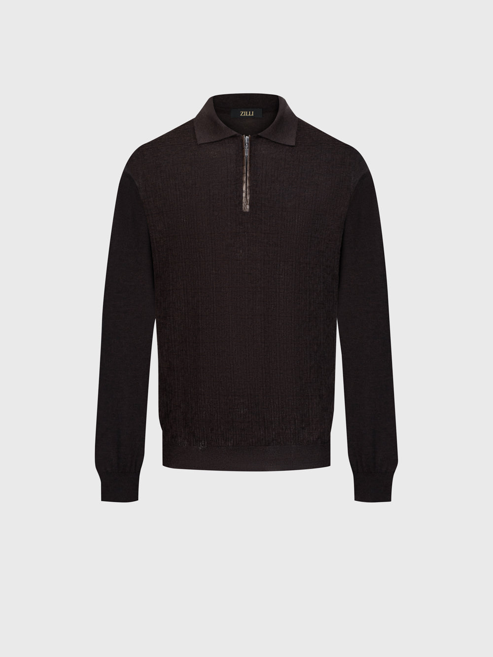 Jacquard Polo Half-Zip Knit with Crocodile Leather Trim – Chocolate