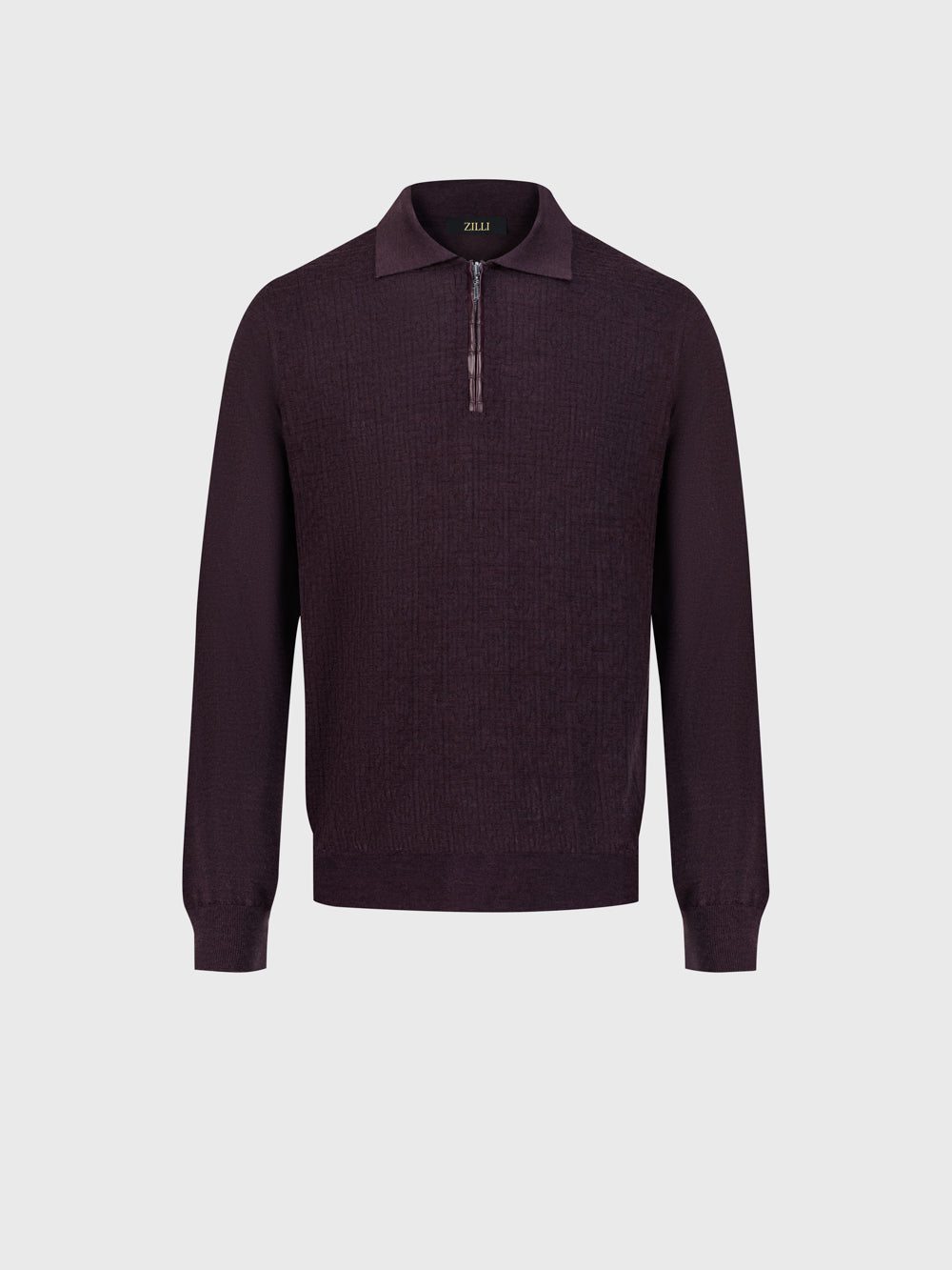 Jacquard Polo Half-Zip Knit with Crocodile Leather Trim – Deep Cherry