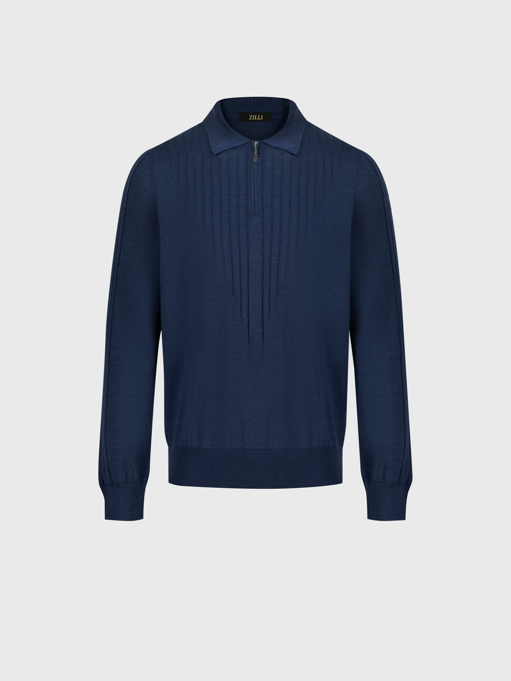 Wool-Silk Blend Half-Zip Knit with Inverted V Rib Panel – Smoke Blue