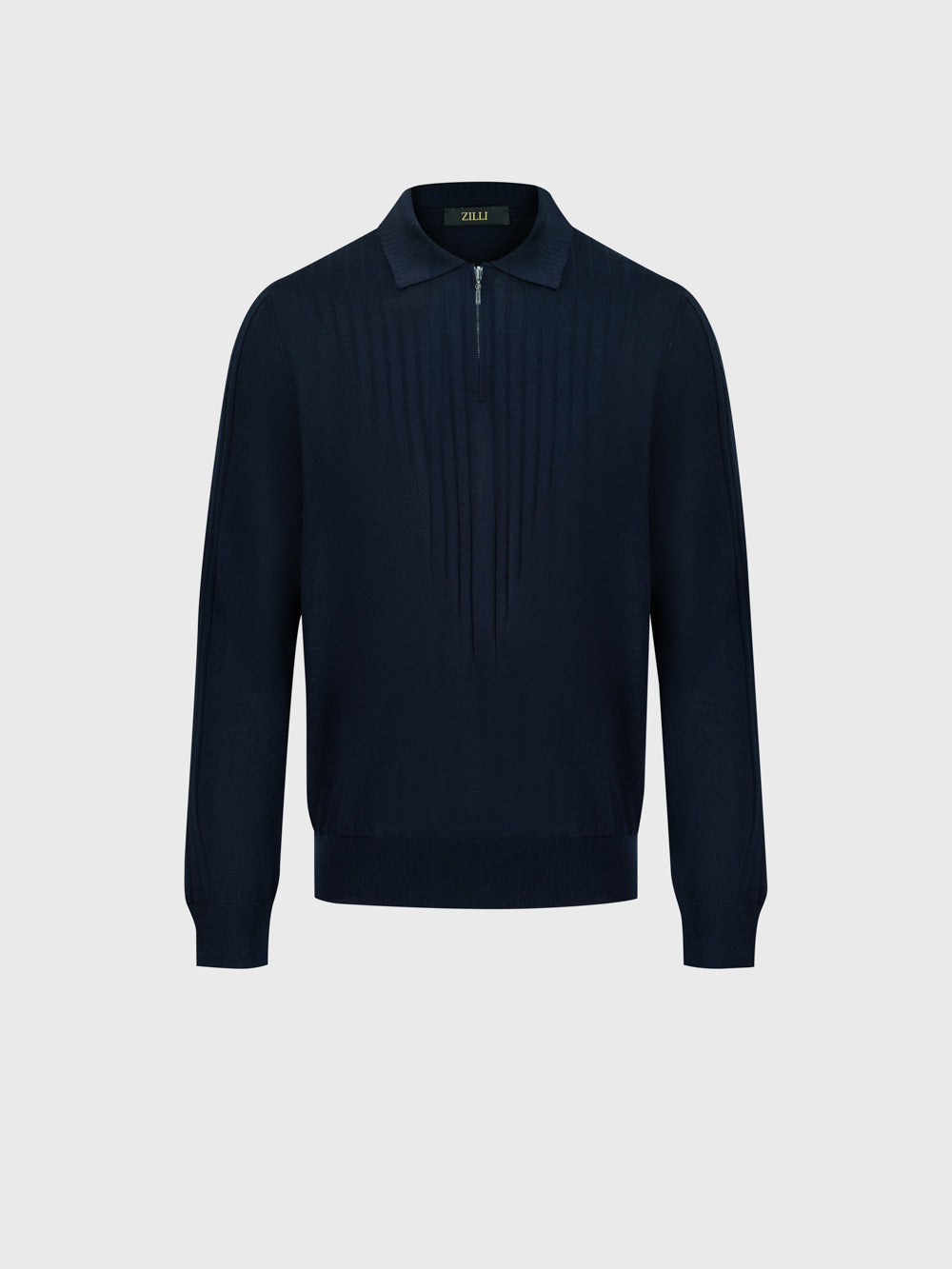 Wool-Silk Blend Half-Zip Knit with Inverted V Rib Panel – Dark Navy