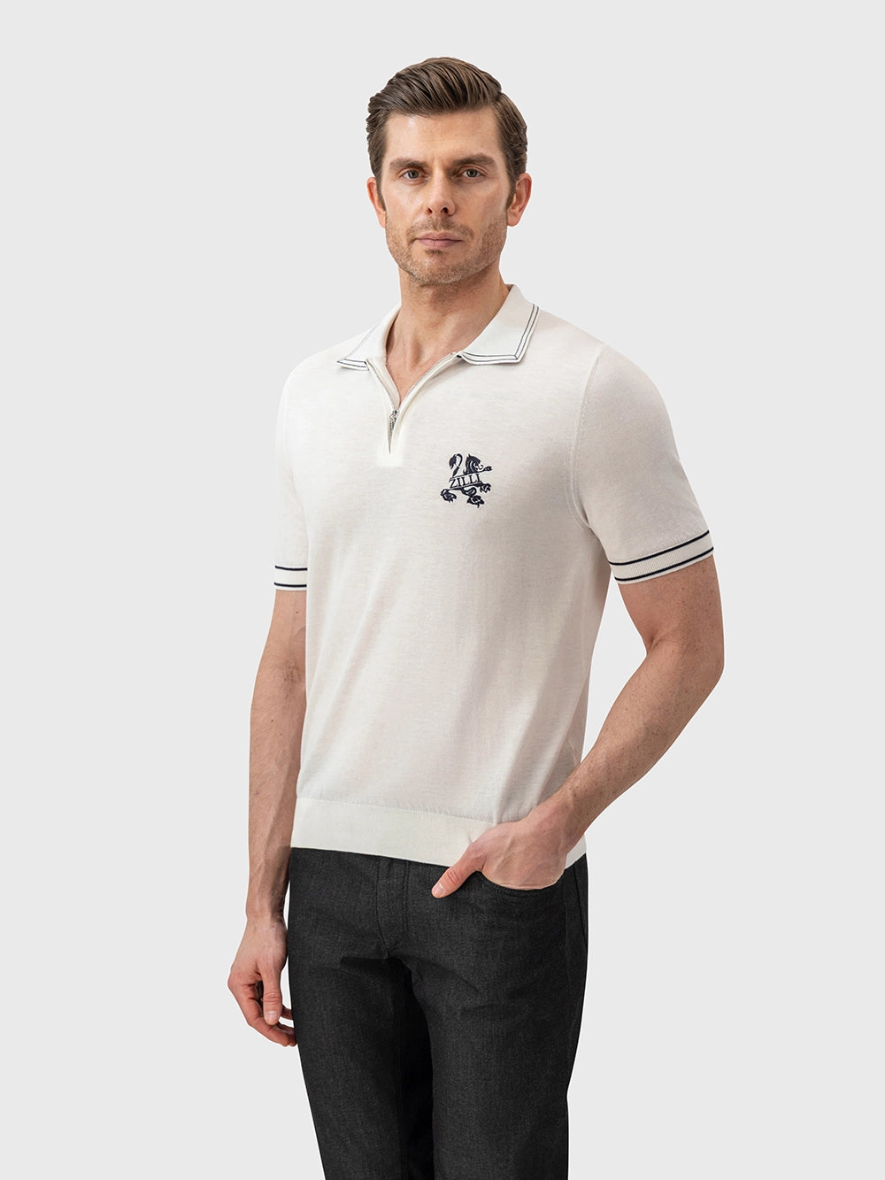 Cotton & Silk Polo with Lion Embroidery