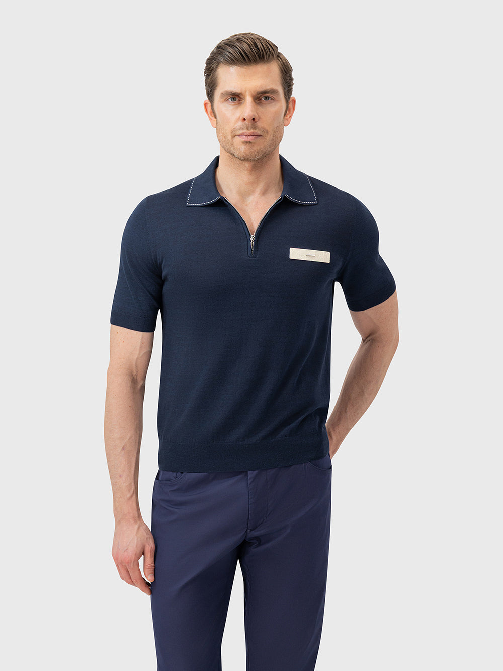 Cotton & Silk Polo with Crocodile Details