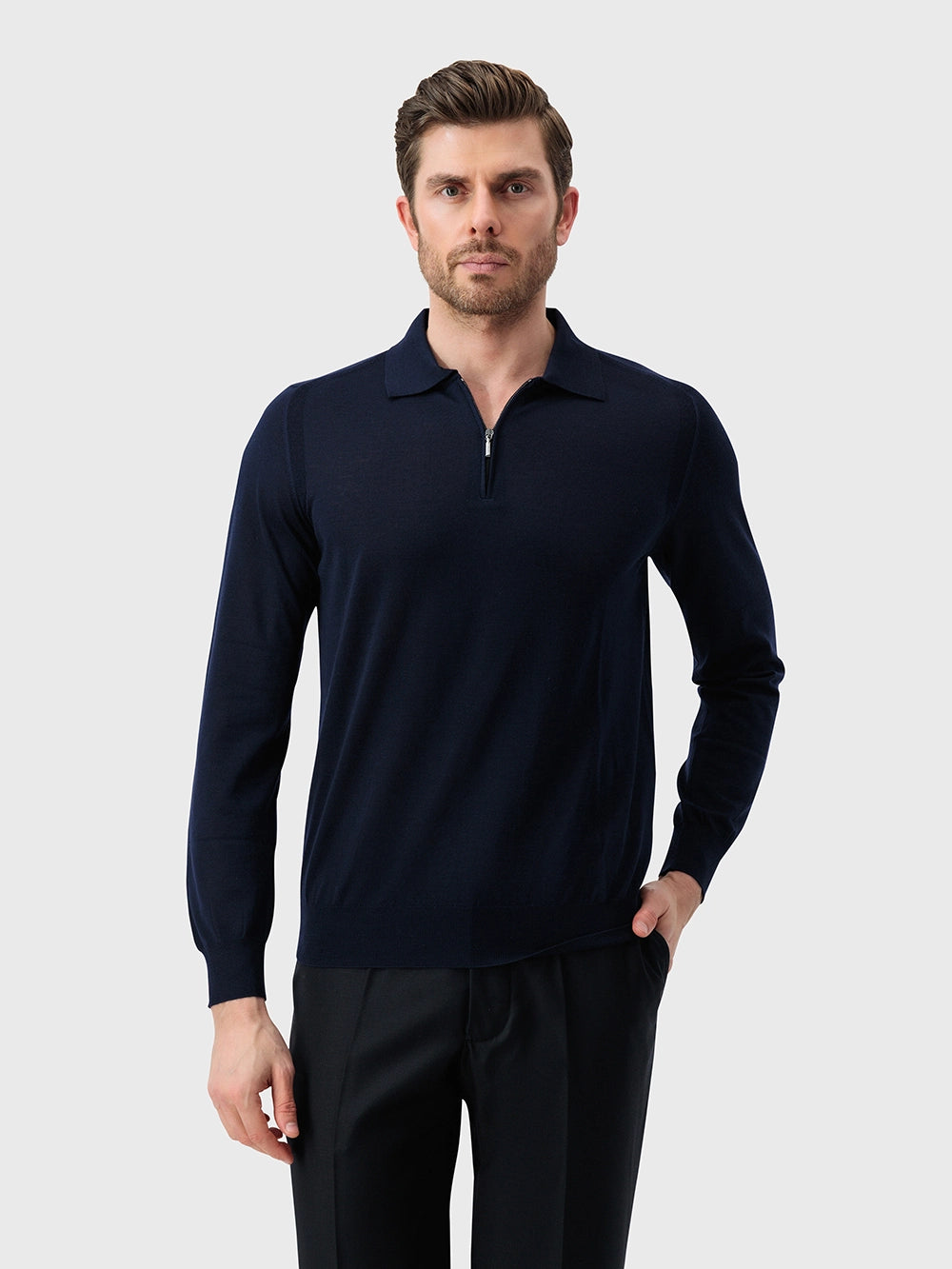 Wool-Silk Lightweight Polo Half-Zip Knit – Dark Navy