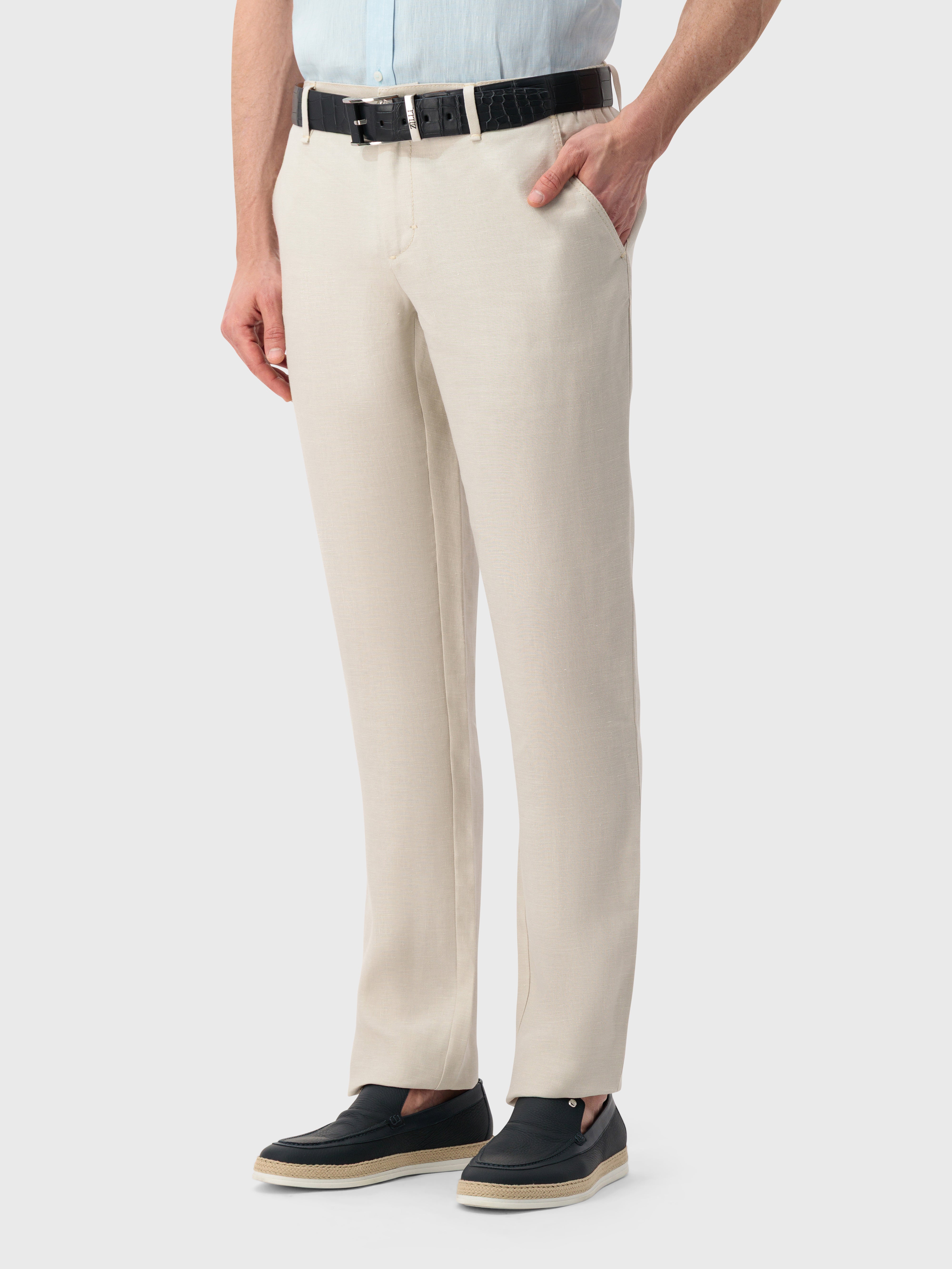 Slim Fit Linen Trousers - Beige