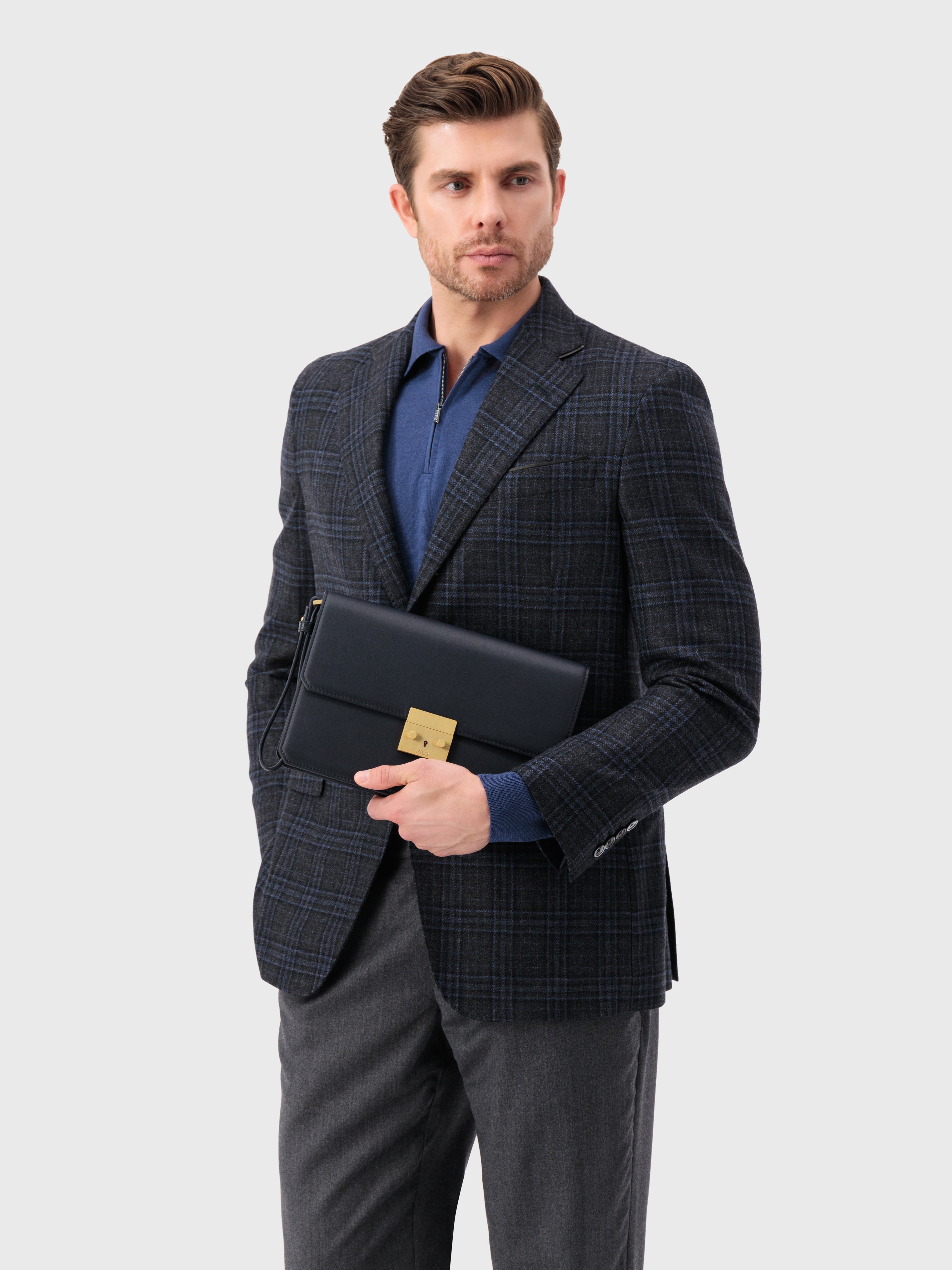 Calfskin Clutch Bag with Crocodile Details Blue Navy