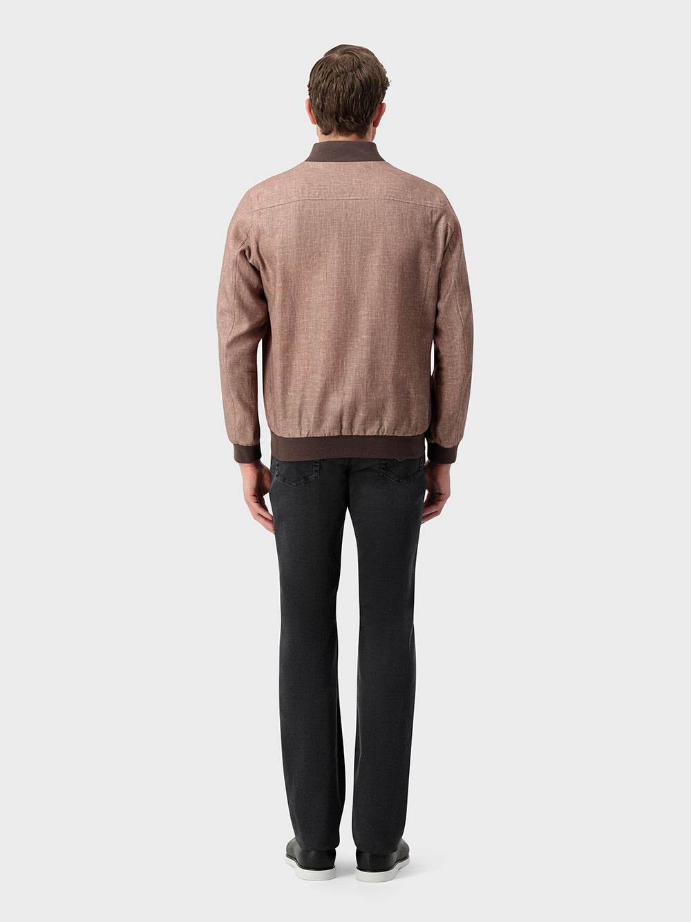 Ribbed Collar Linen Bomber Jacket - Pale Fawn