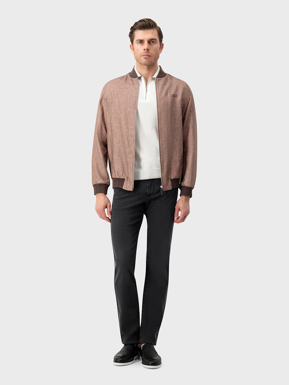 Ribbed Collar Linen Bomber Jacket - Pale Fawn