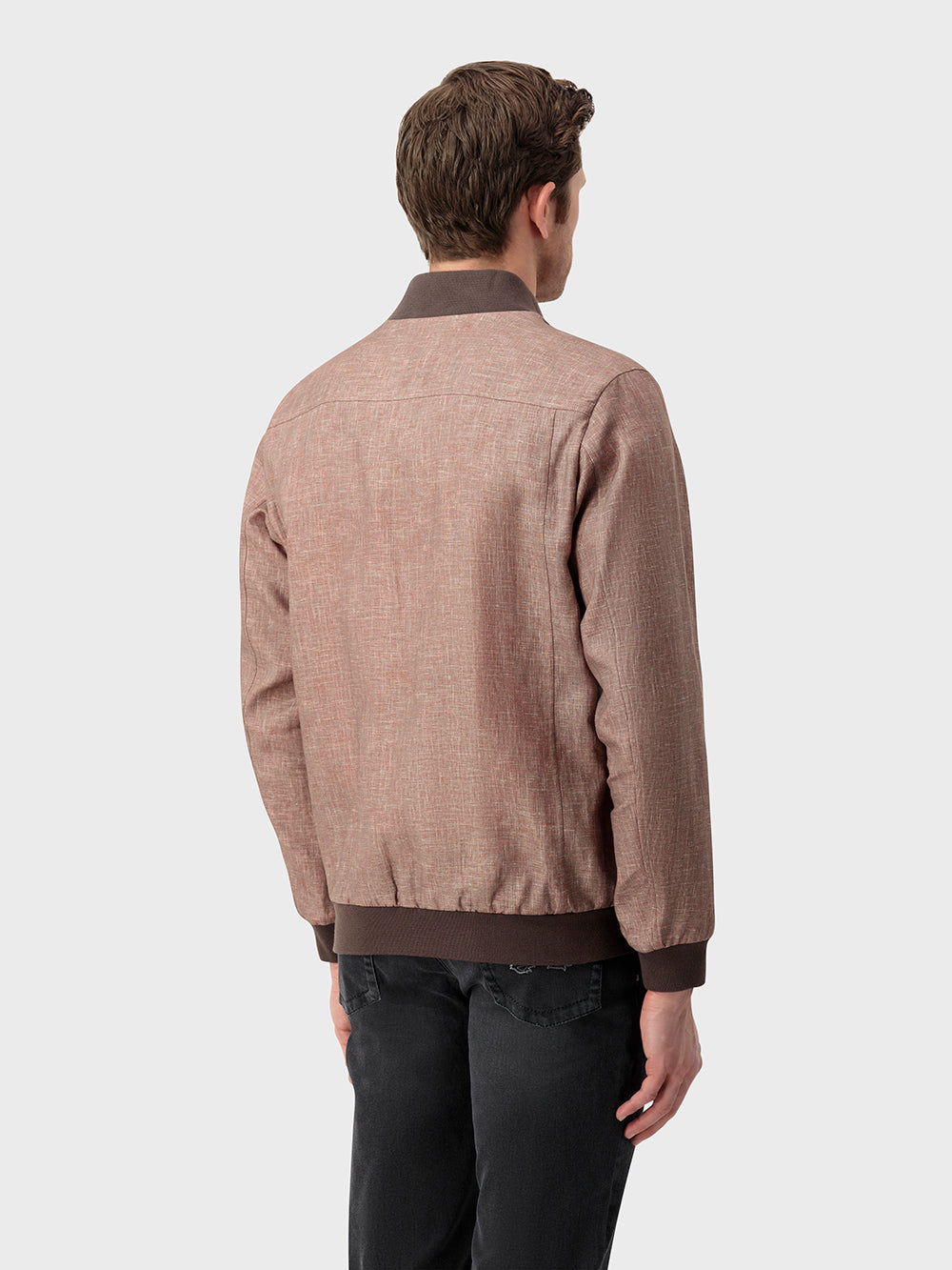 Ribbed Collar Linen Bomber Jacket - Pale Fawn