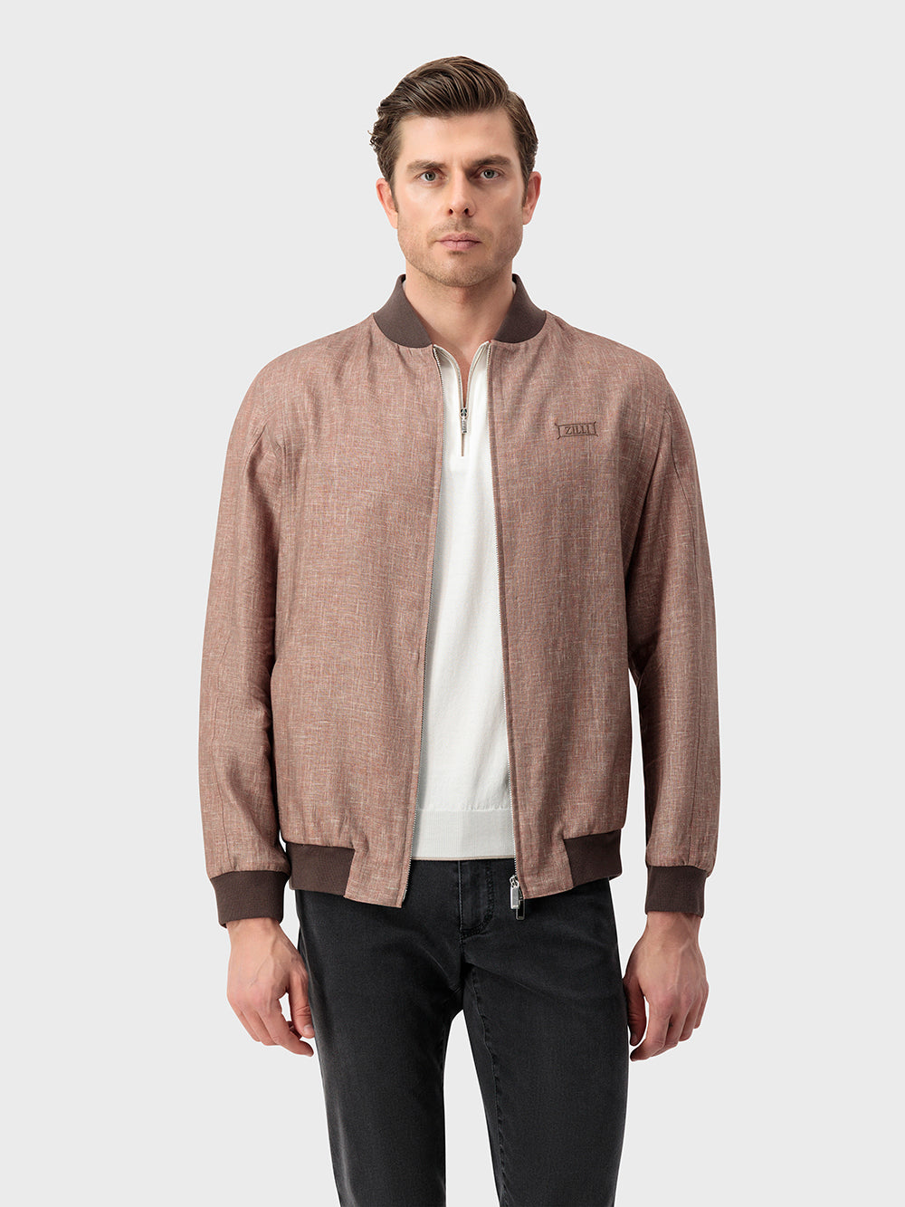 Ribbed Collar Linen Bomber Jacket - Pale Fawn