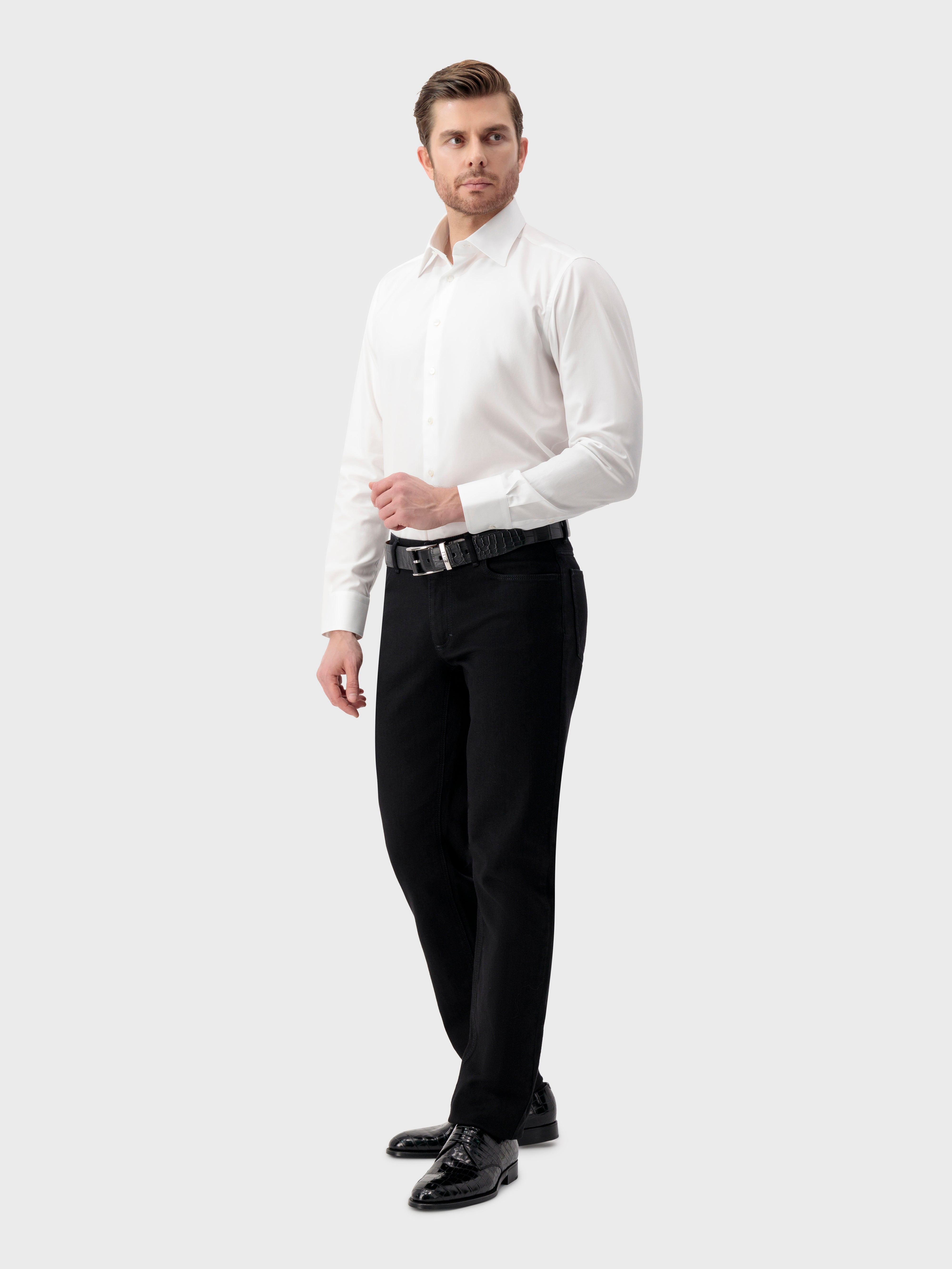 Хлопковая рубашка с острым воротником с одной строчкой - Белый