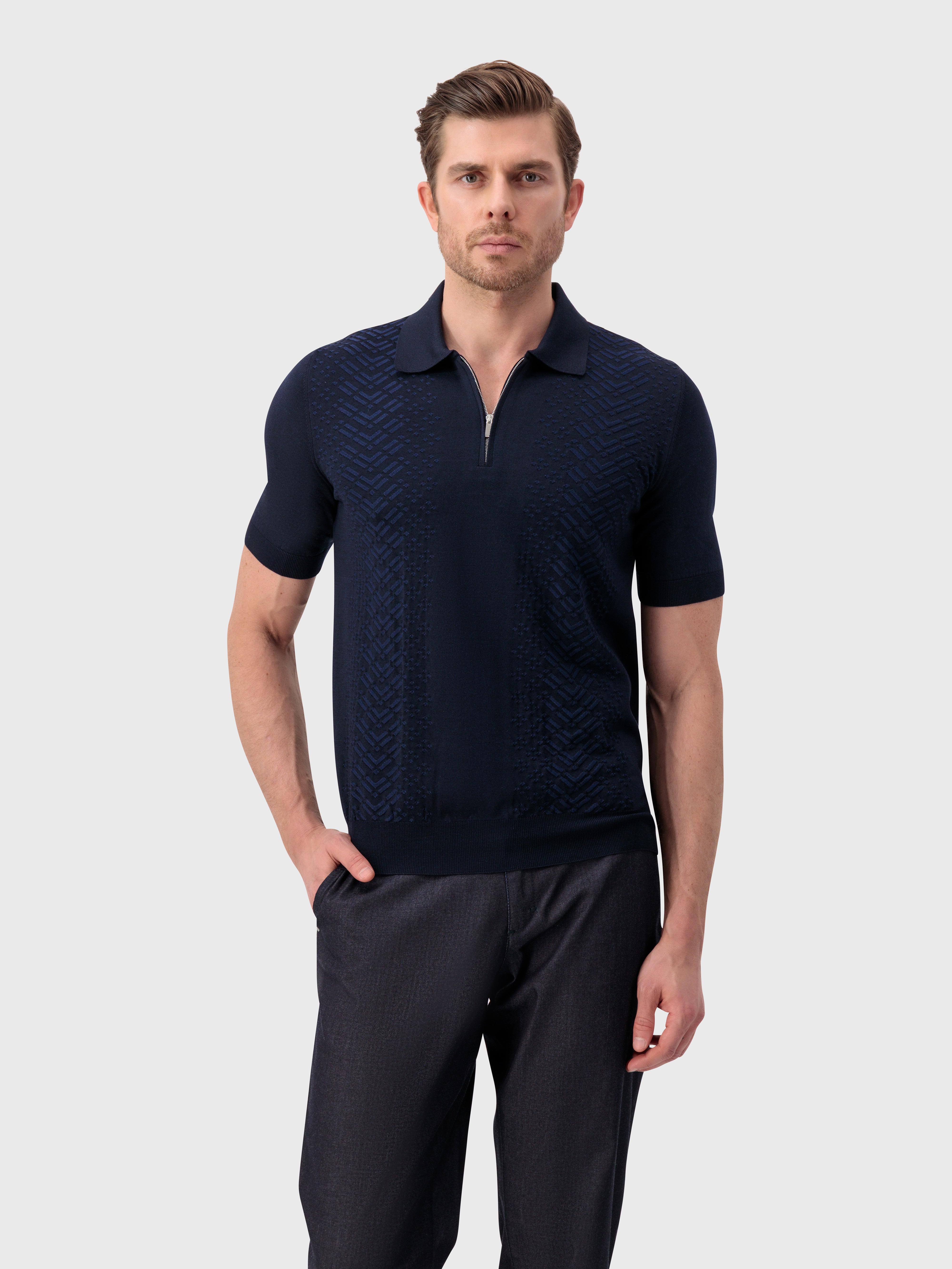 Трикотажное поло из шелка и хлопка "Micro Lozenges" - синий морской