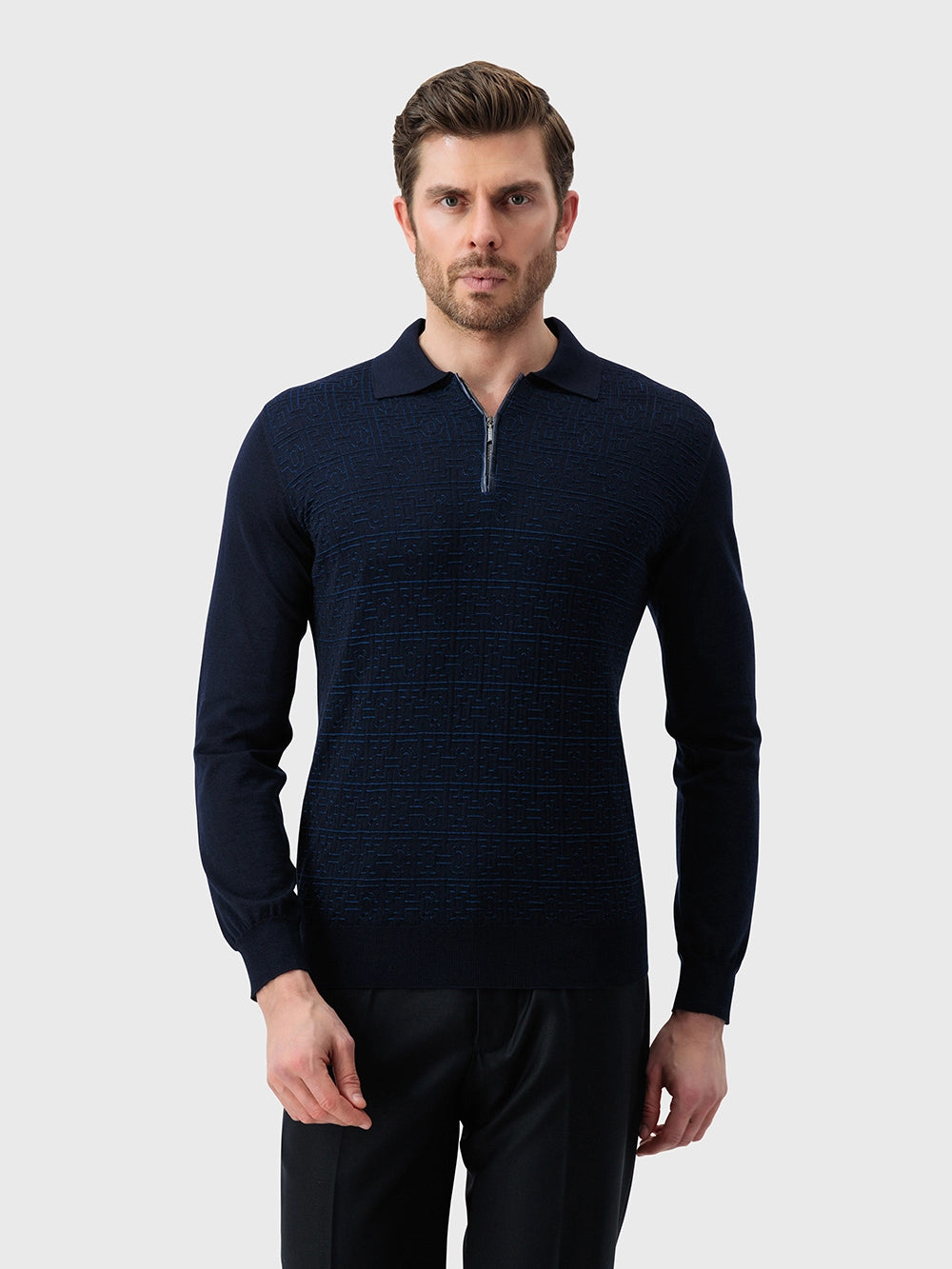 Jacquard Polo Half-Zip Knit with Crocodile Leather Trim – Dark Navy