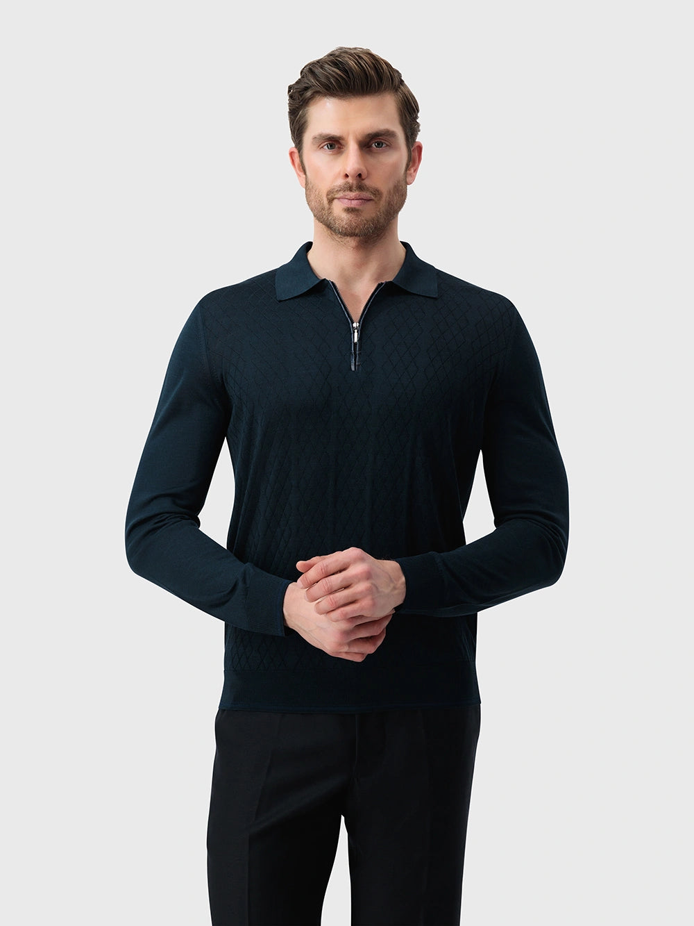 Silk Half-Zip Knit with Crocodile Leather Trim – Dark Navy