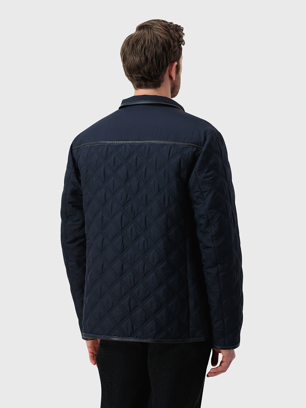 Puffer Jacket with Silk Interior and Leather Piping – Blue Navy