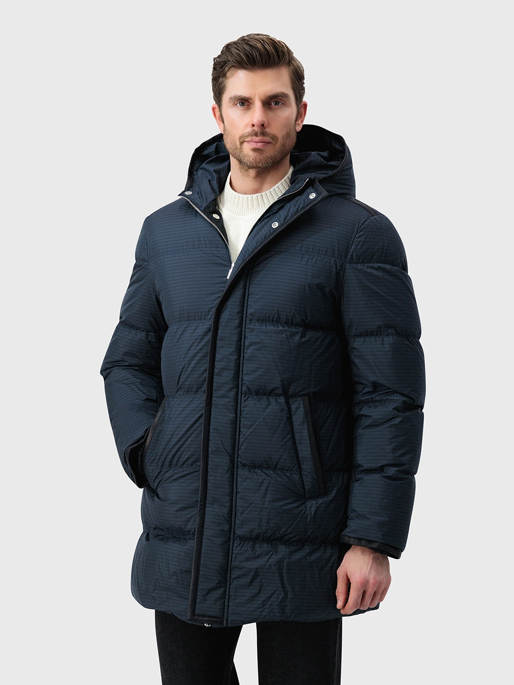 Puffer Jacket with Hood and Internal Drawcord - Dark Navy