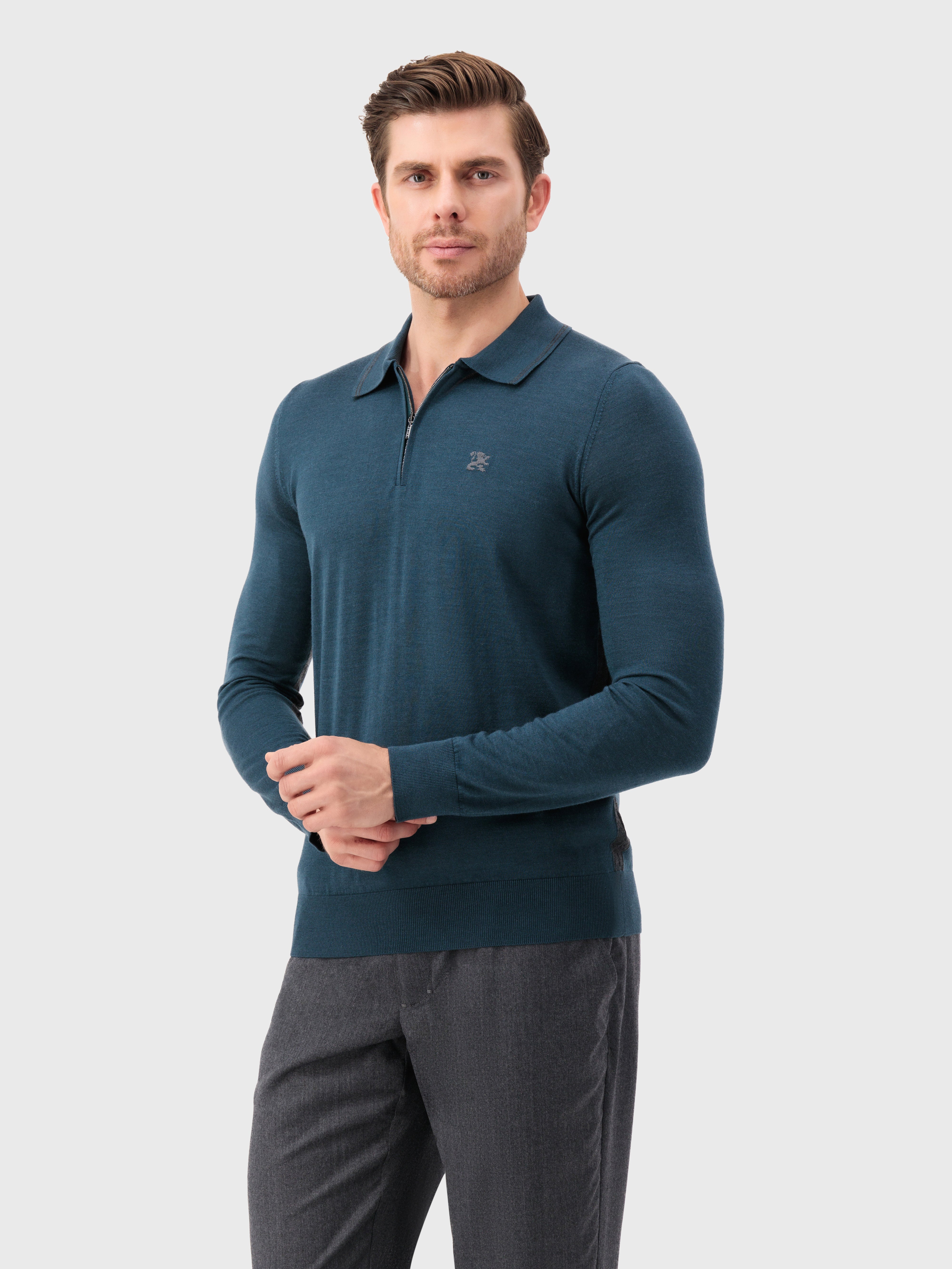 Рубашка-поло с длинным рукавом и вышивкой эмблемы грифона темно-зеленая