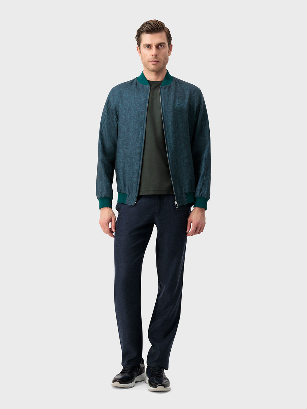 Ribbed Collar Linen Bomber Jacket - Deep Malachite