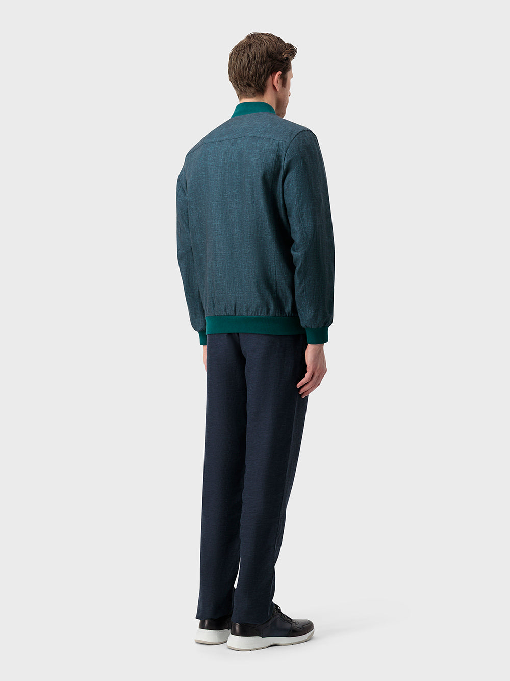 Ribbed Collar Linen Bomber Jacket - Deep Malachite