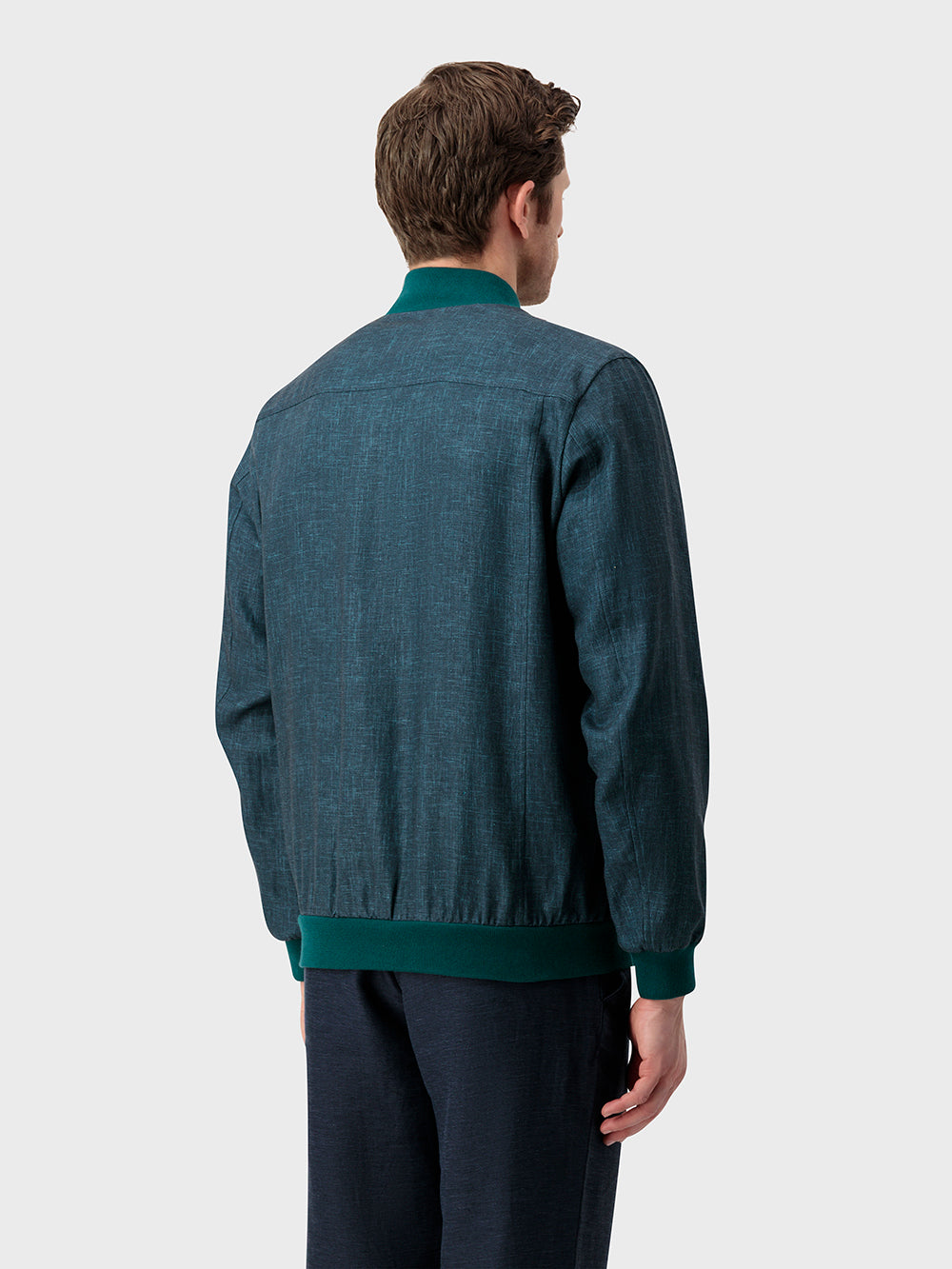 Ribbed Collar Linen Bomber Jacket - Deep Malachite