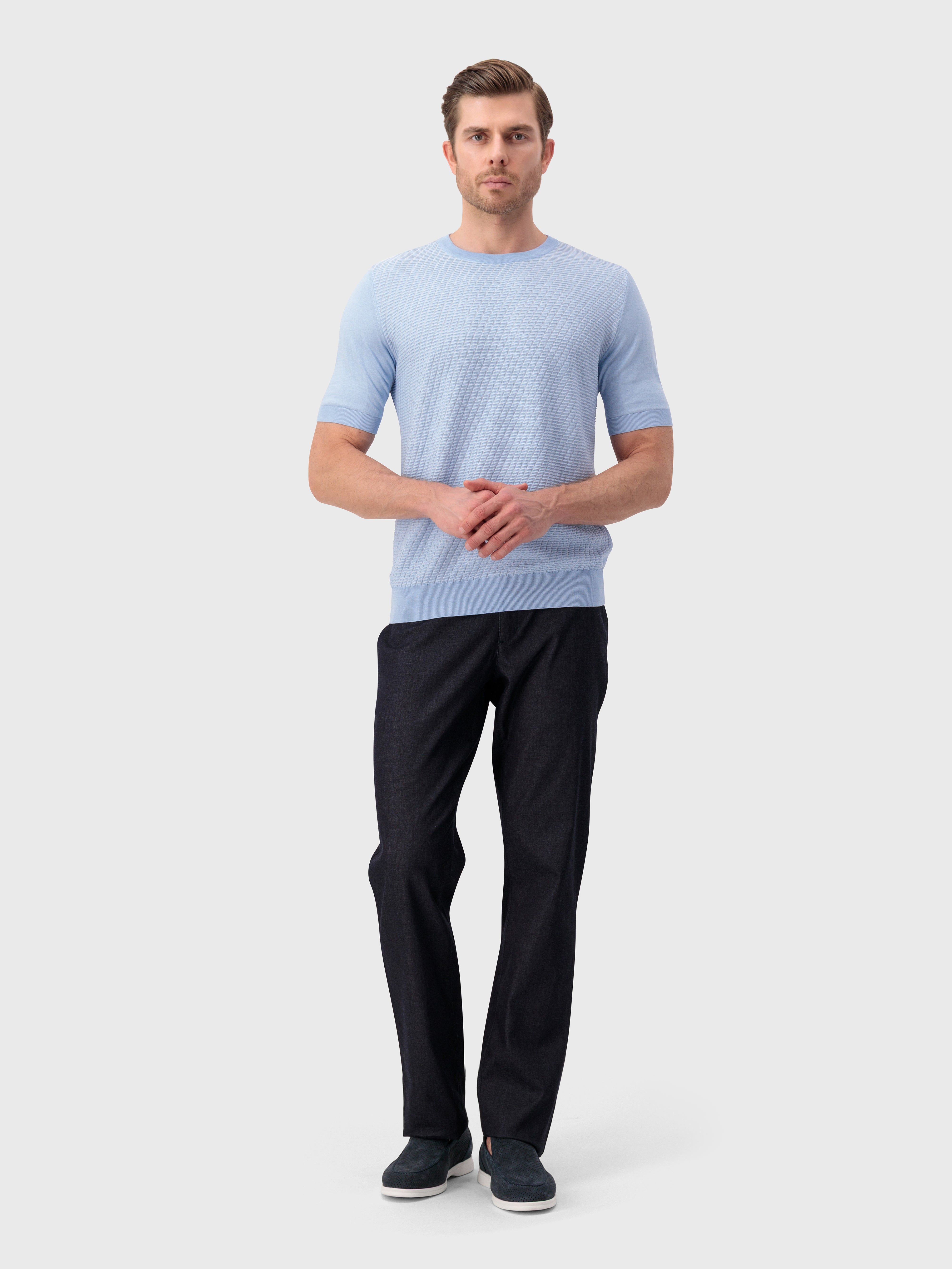 "Basket" Silk and Cotton Knit Shirt - Pale Blue Oxyn