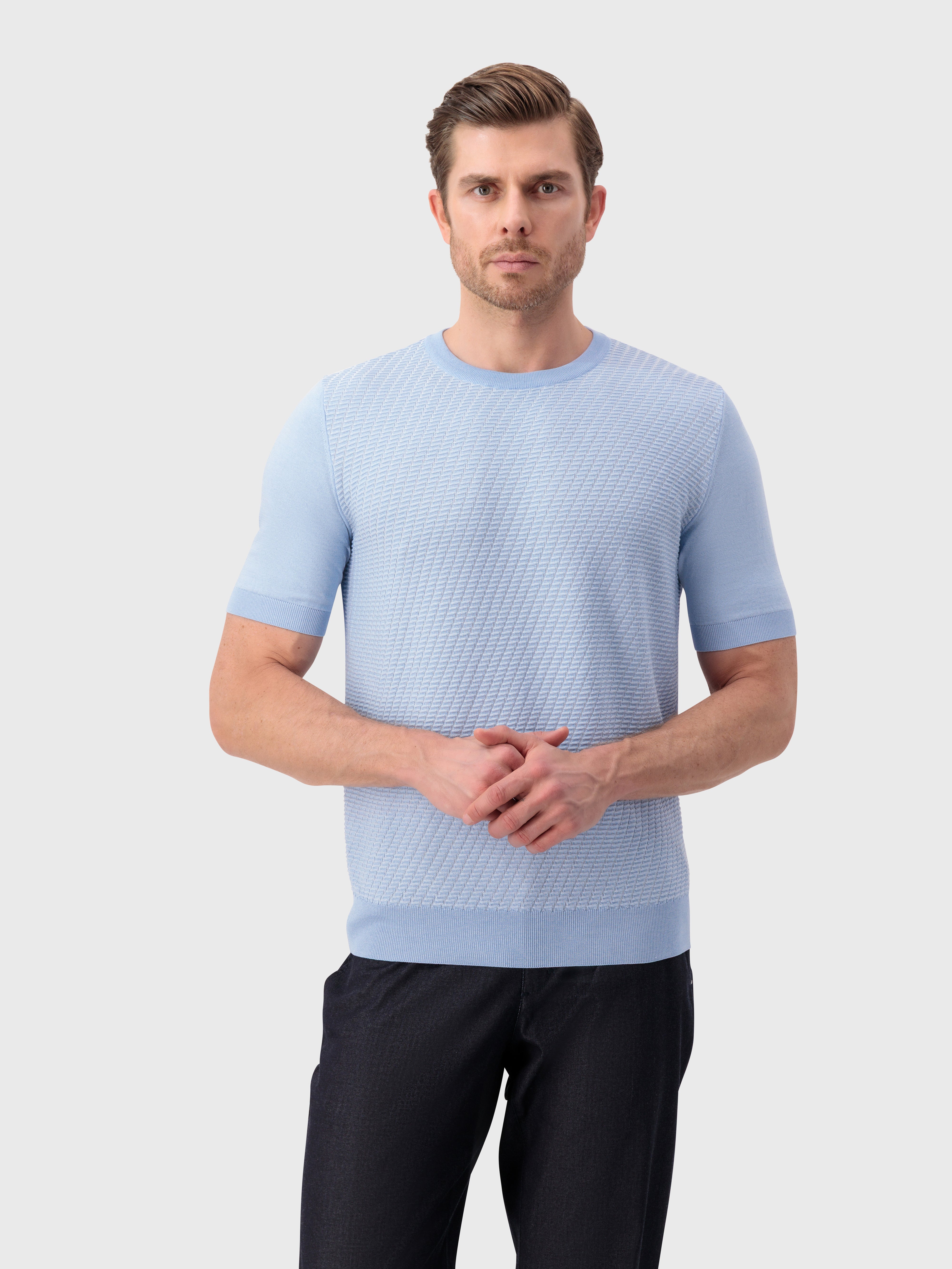 "Basket" Silk and Cotton Knit Shirt - Pale Blue Oxyn