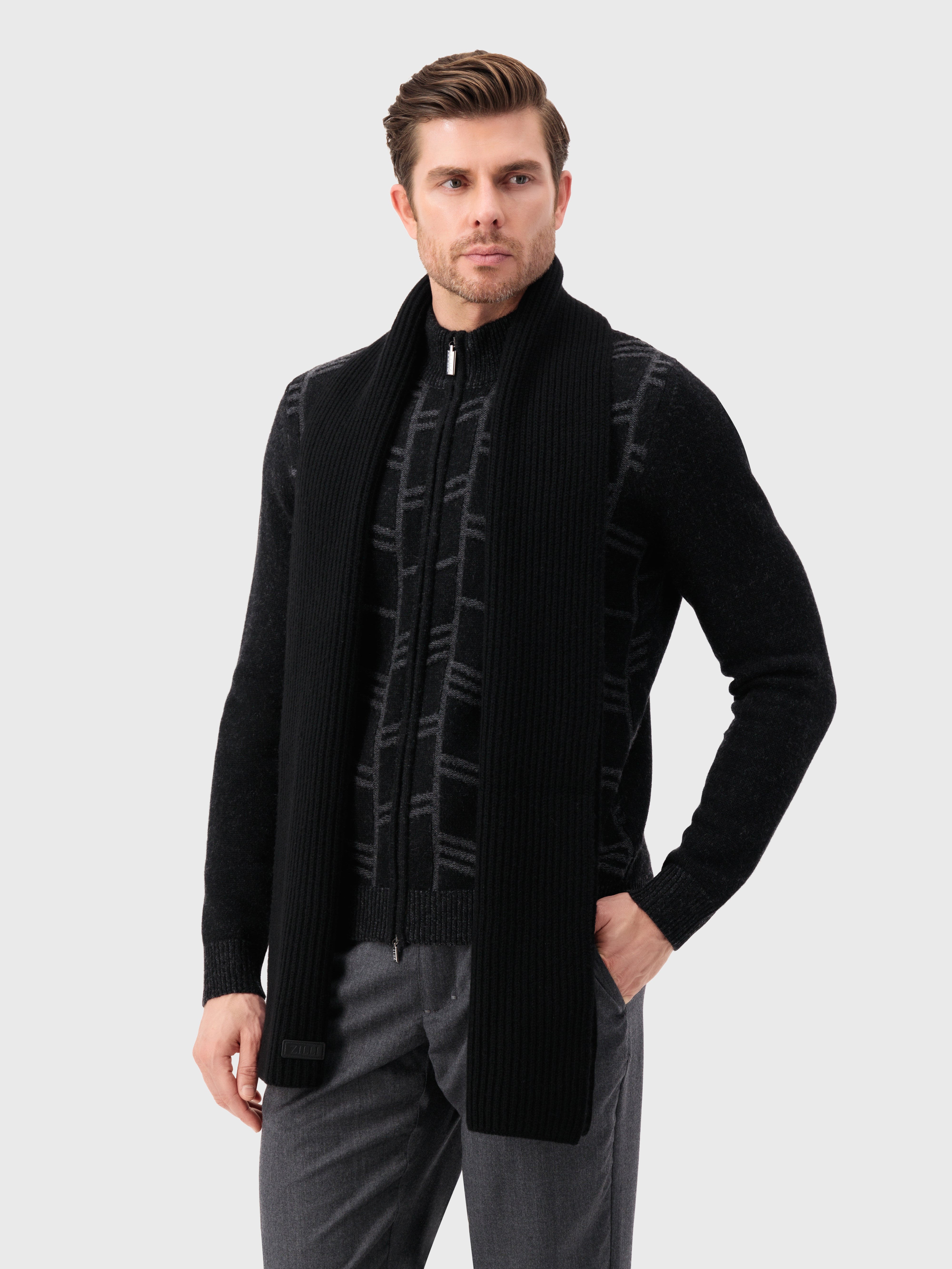 Ribbed Knit Wool and Cashmere Scarf Black