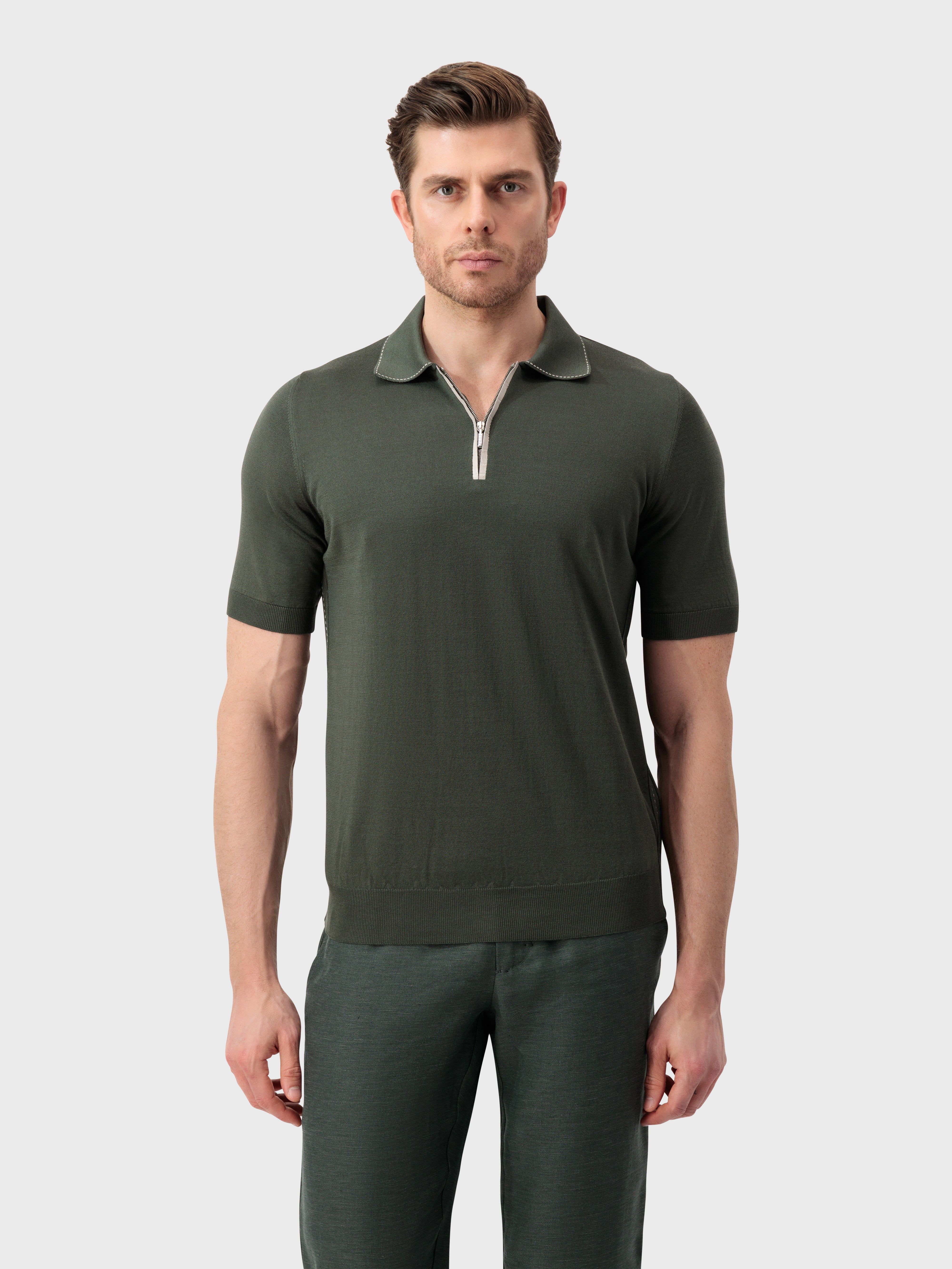 Поло из шелка и хлопка с крокодиловыми узорами - глубокий военный