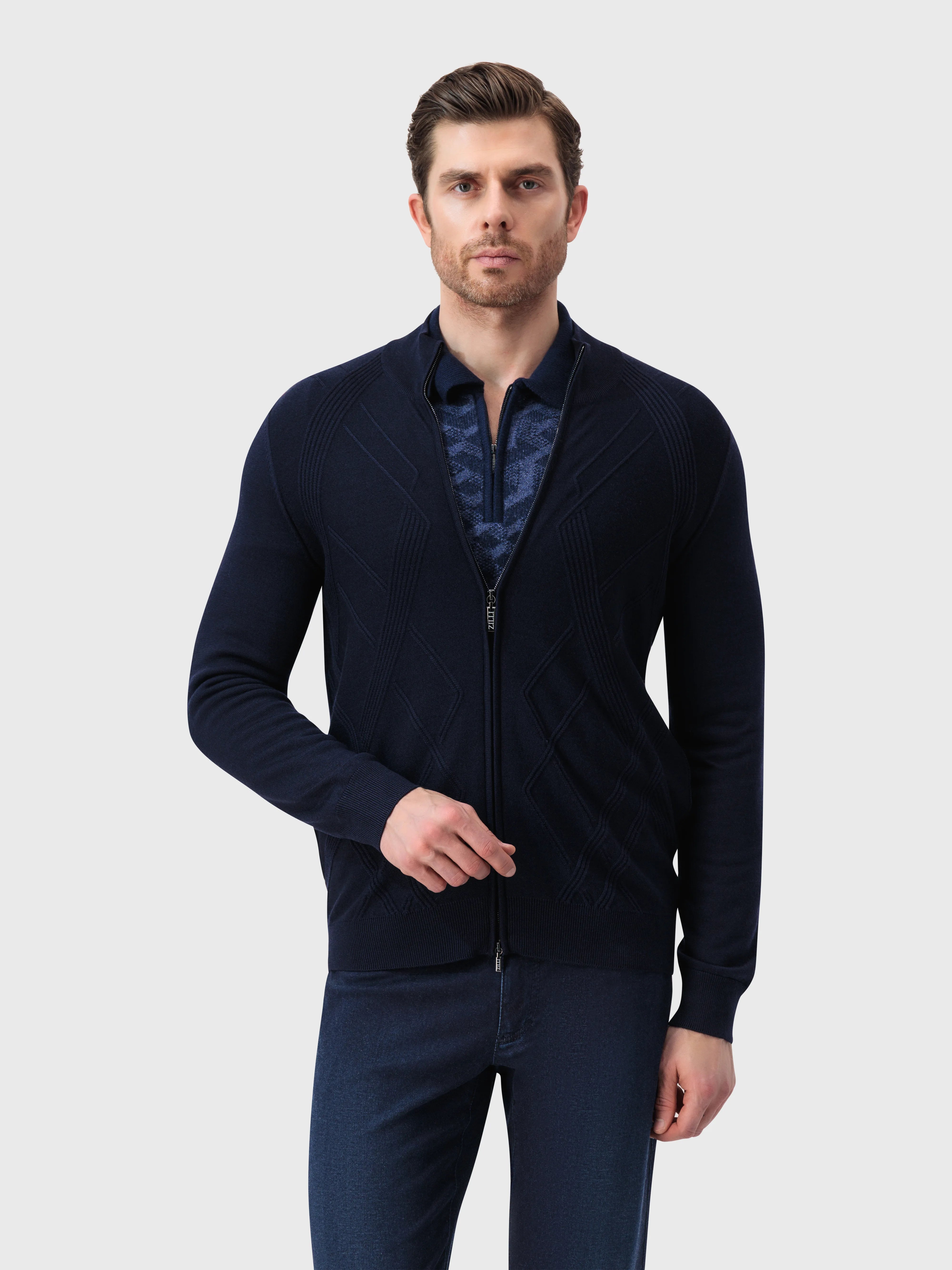 Zip-up Diagonal Stitched Cardigan - Dark Navy