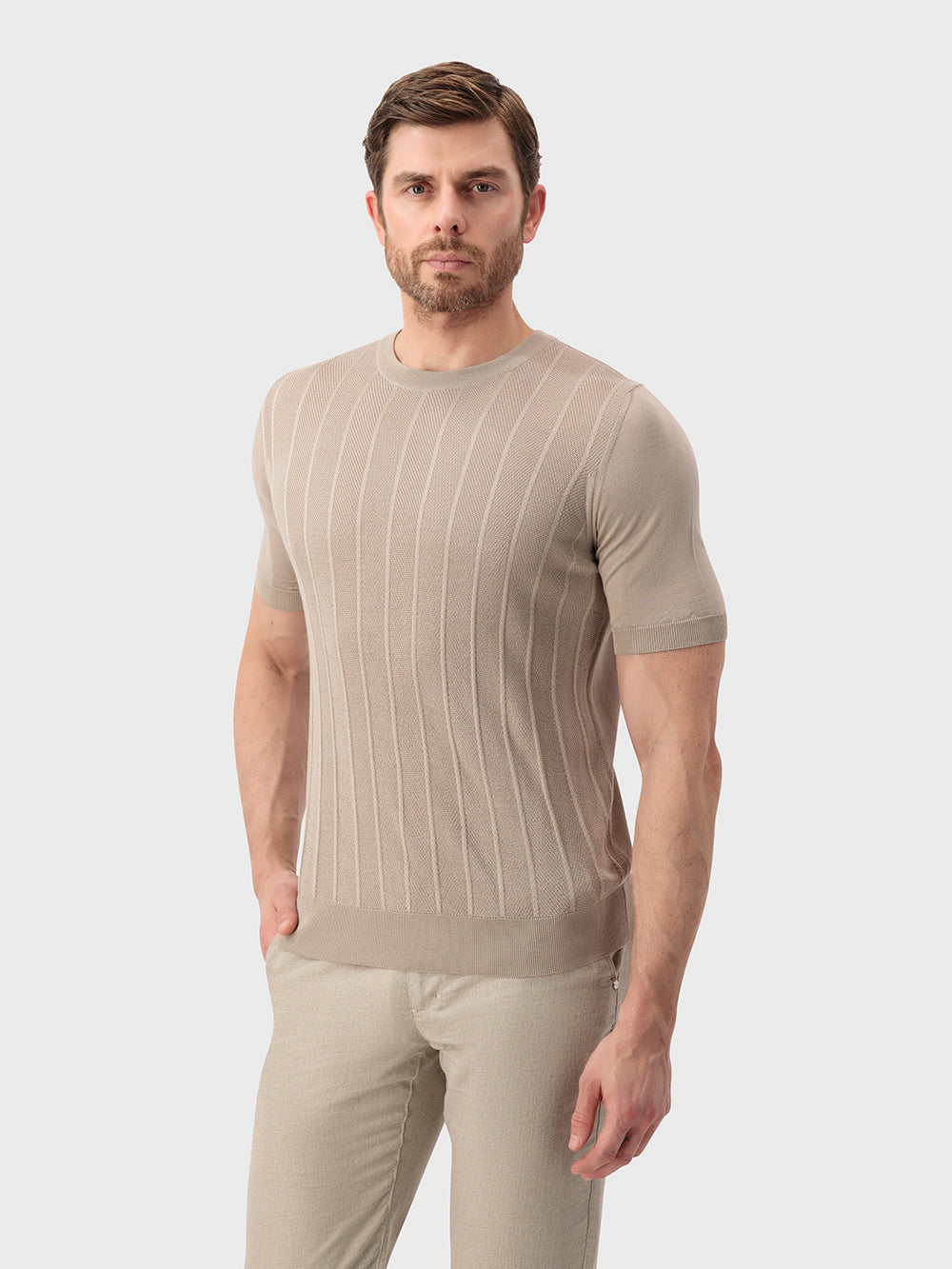 Silk-Knit Stripe Polo Shirt - Pale Fawn