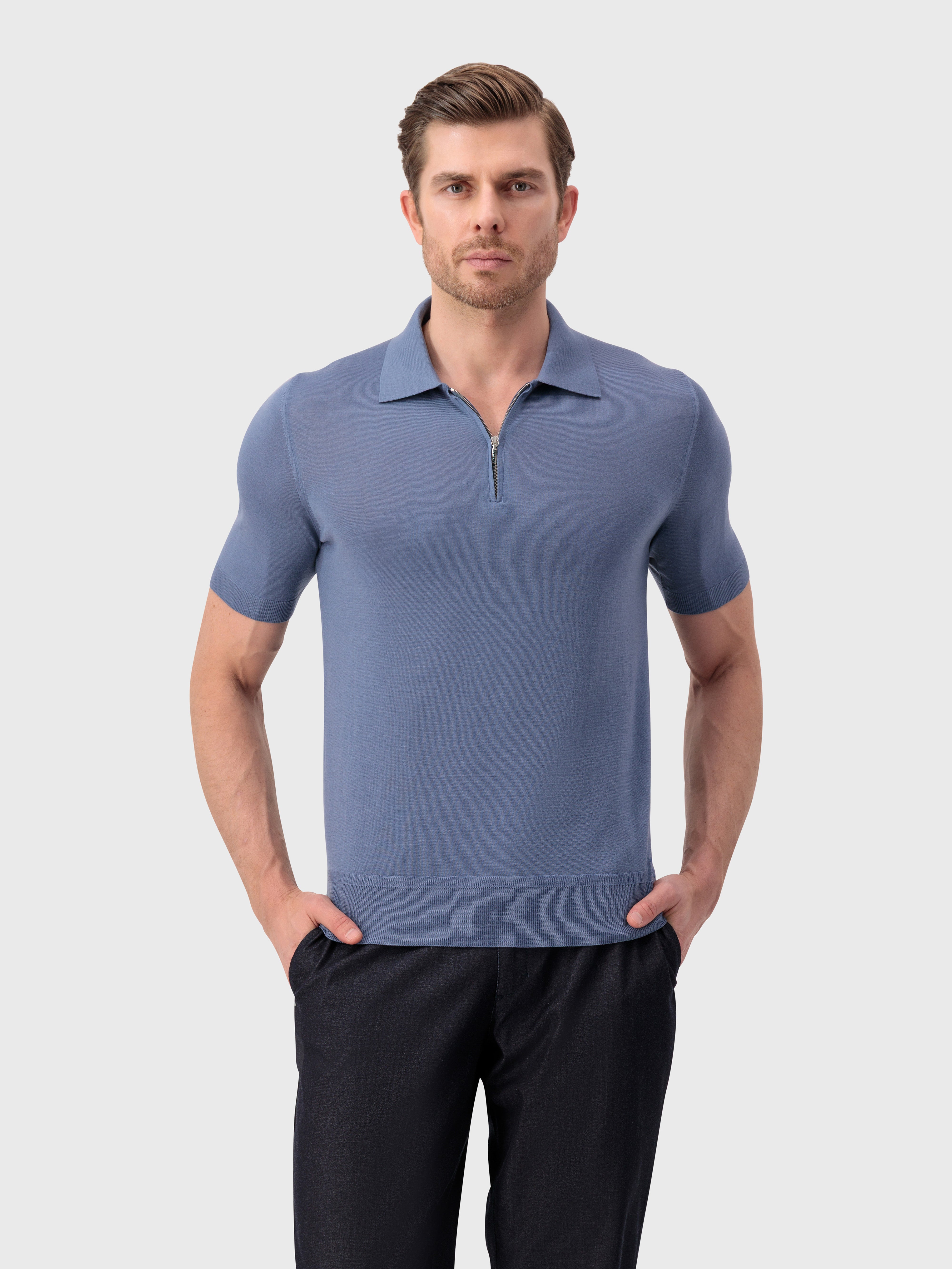 "Lion Piquet" Wool Knit Polo - Pale Blue Onyx