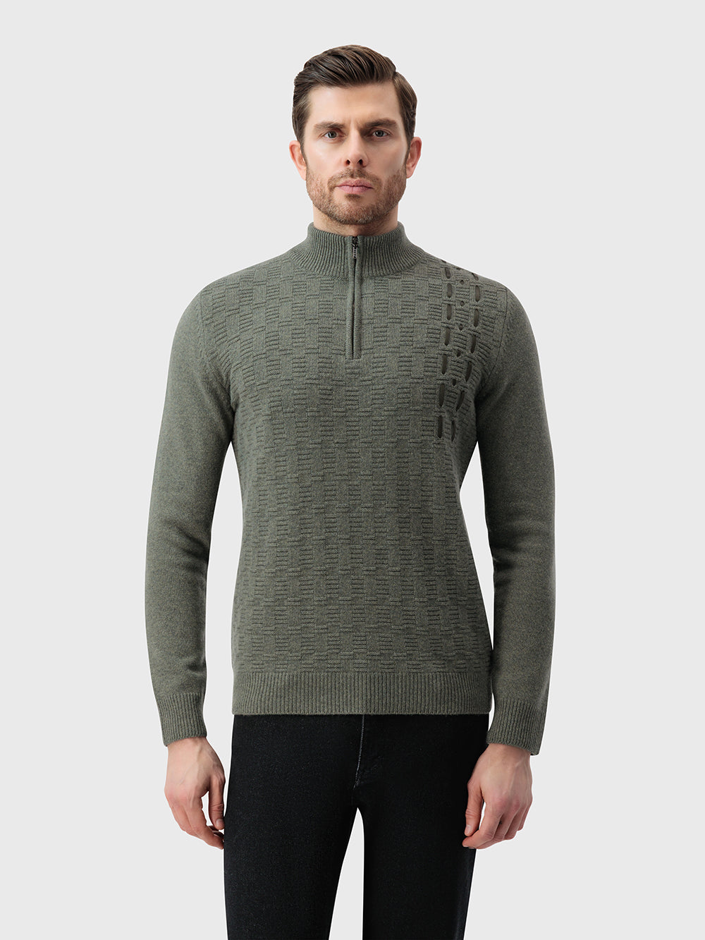 100% Lambswool Fitted Half-Zip Sweater - Winter Eucaliptum