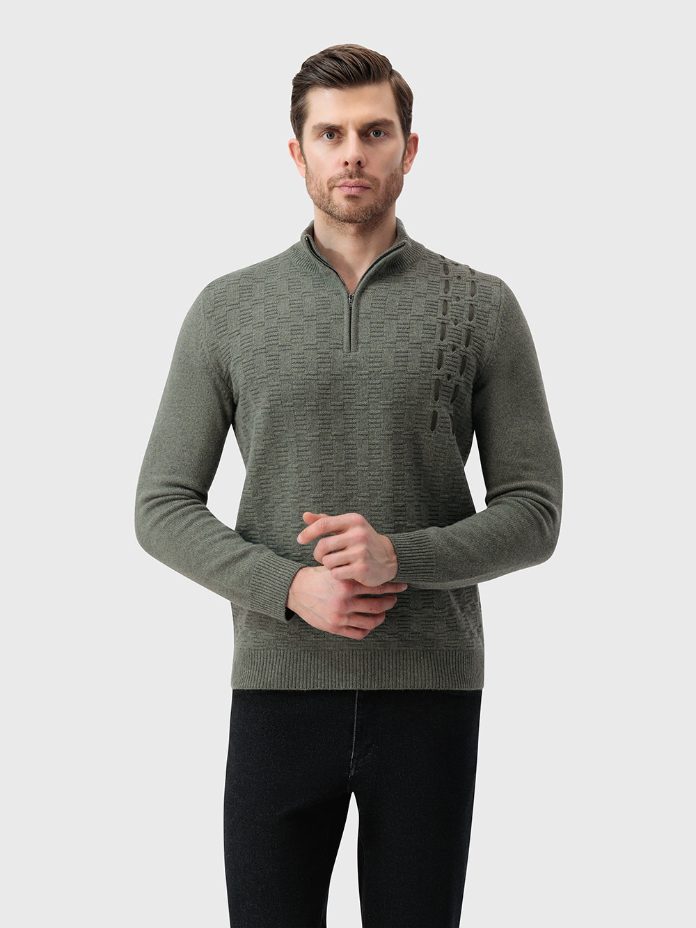 100% Lambswool Fitted Half-Zip Sweater - Winter Eucaliptum