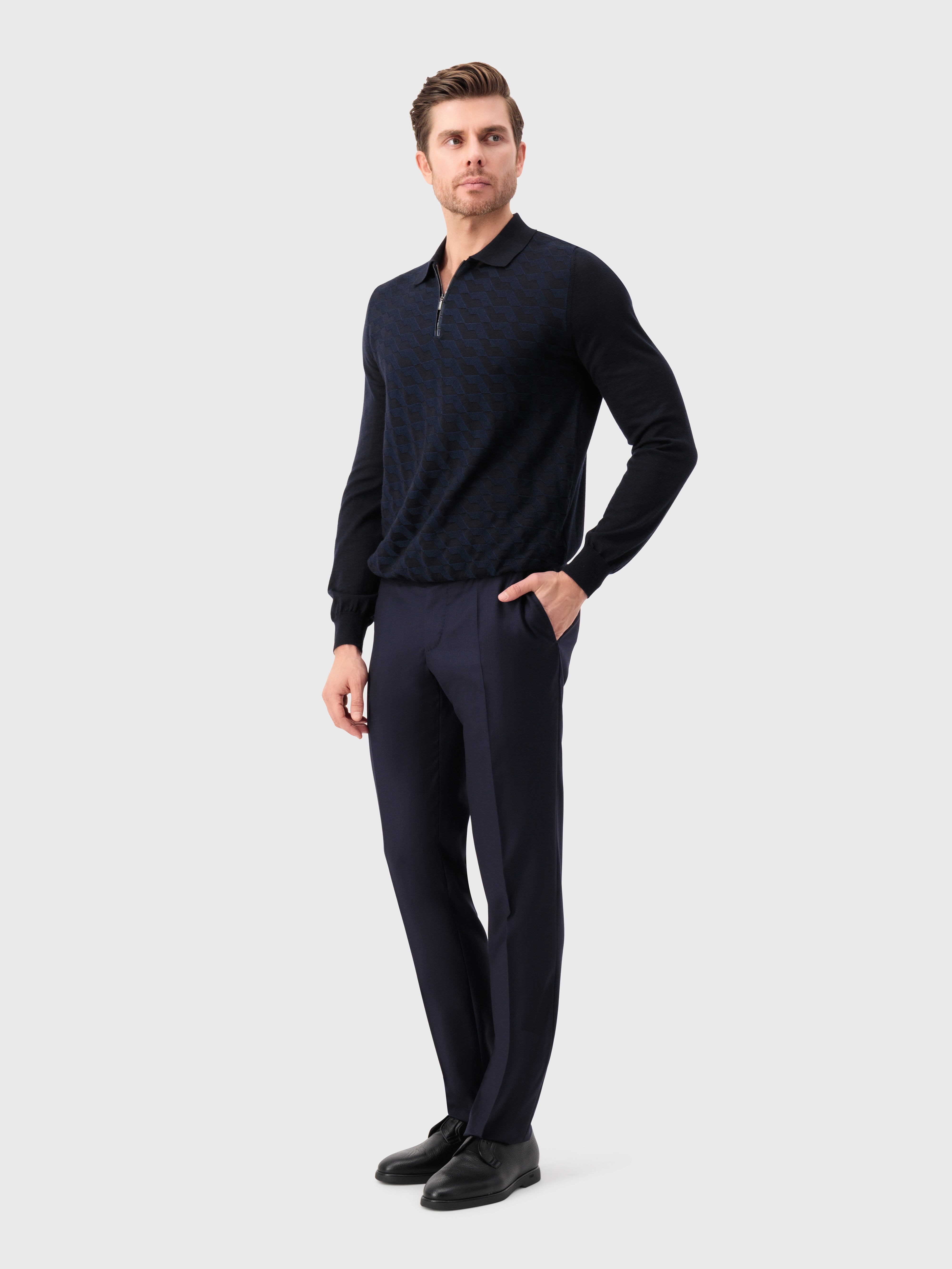 Рубашка-поло на молнии из кашемира и шелка темно-темноморского цвета